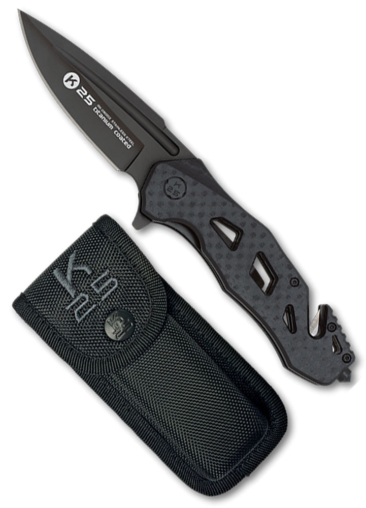 Navaja táctica de rescate K25 G10 efecto fibra carbono