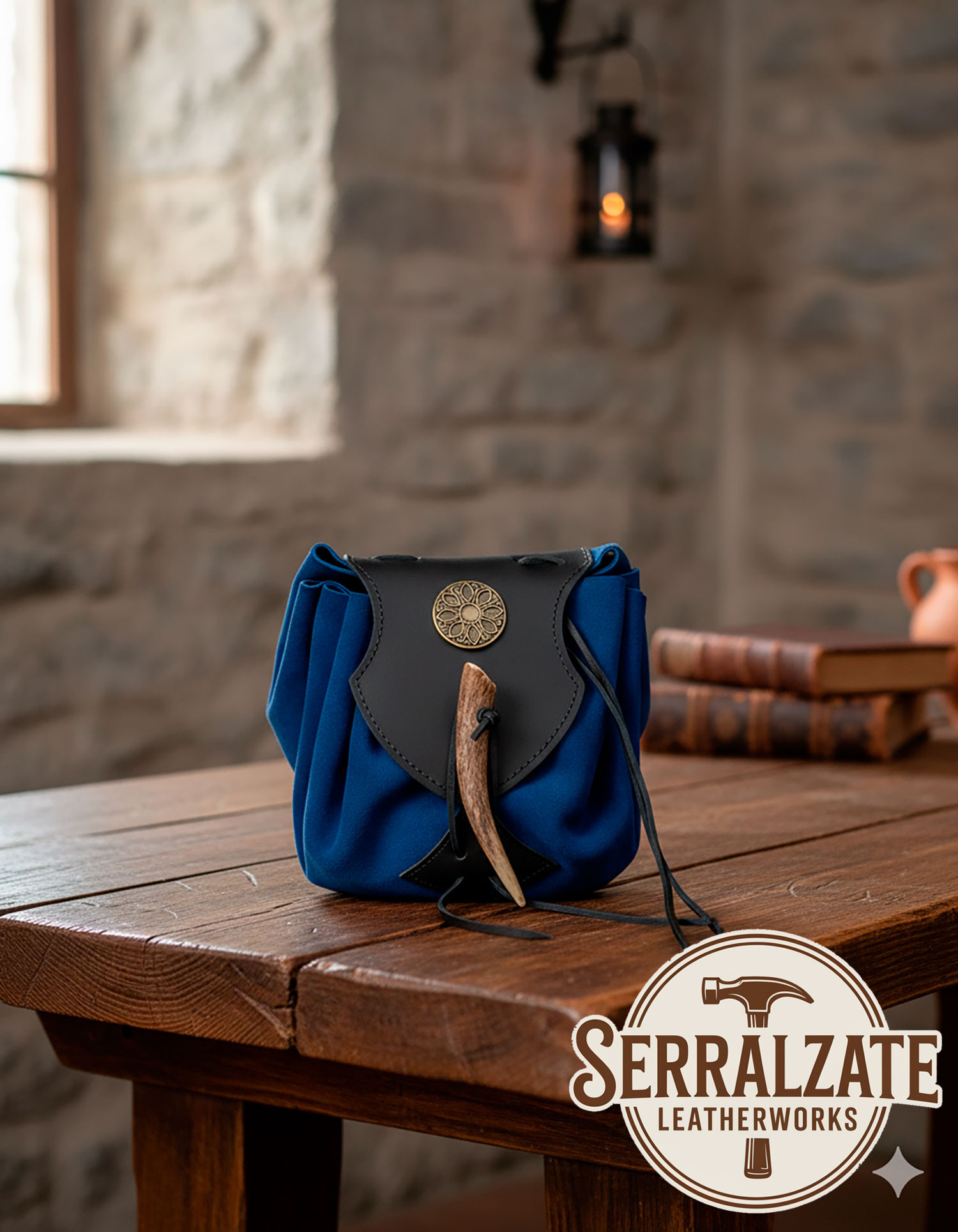 Bolso limosnera medieval cuero modelo Cielo, color azul