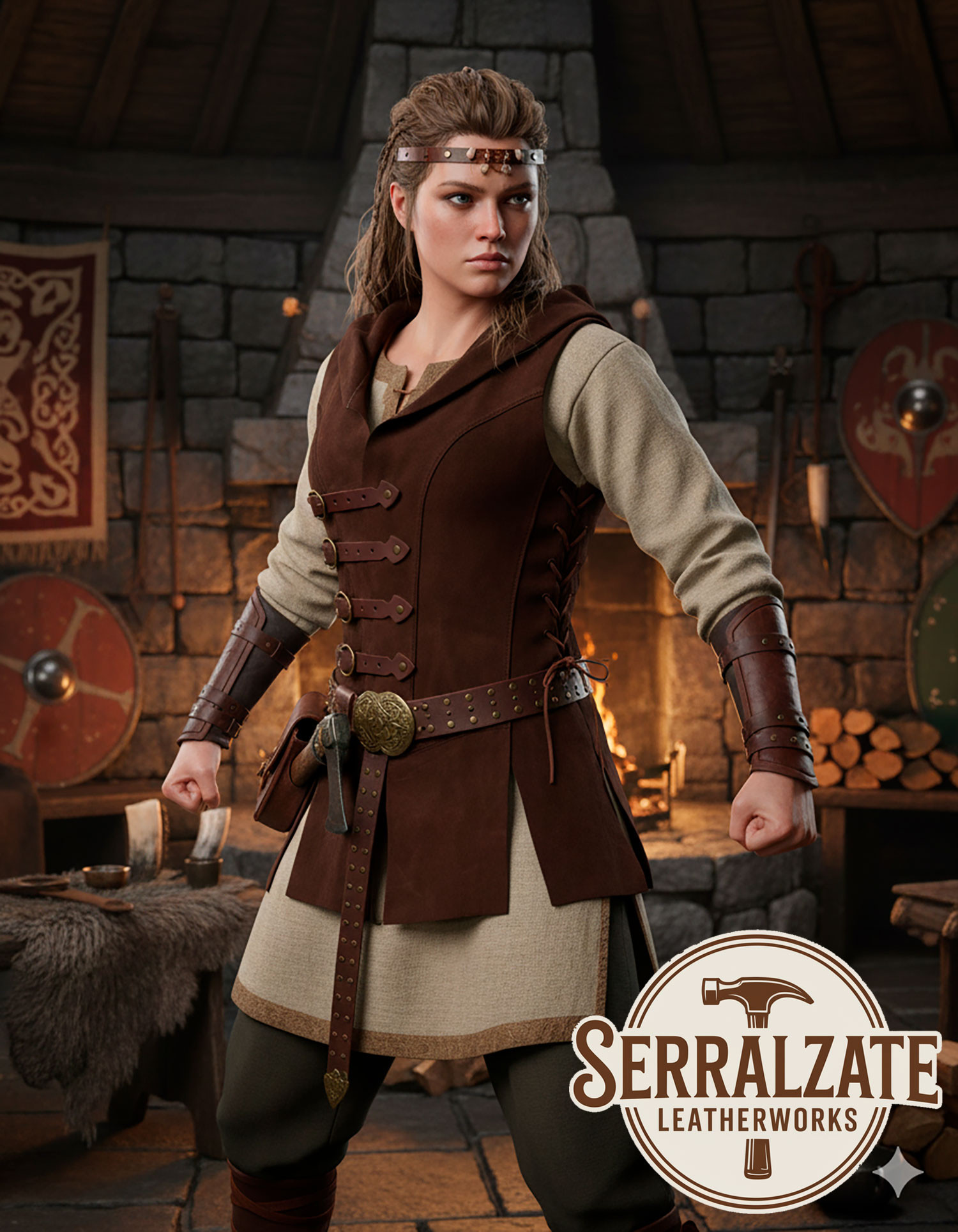 Chaleco Vikingo Hildr en piel - Marrón