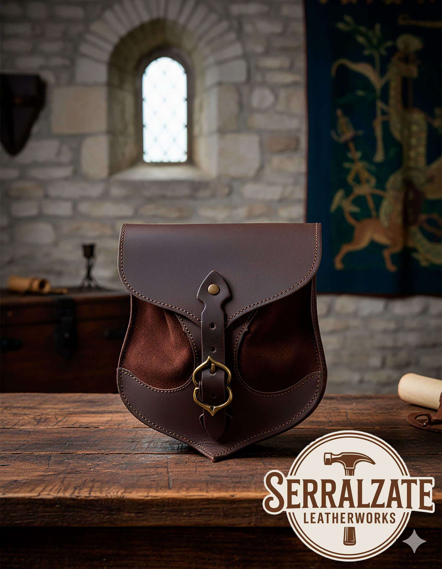 Bolso medieval en cuero para cinturón modelo Enrique, color marrón