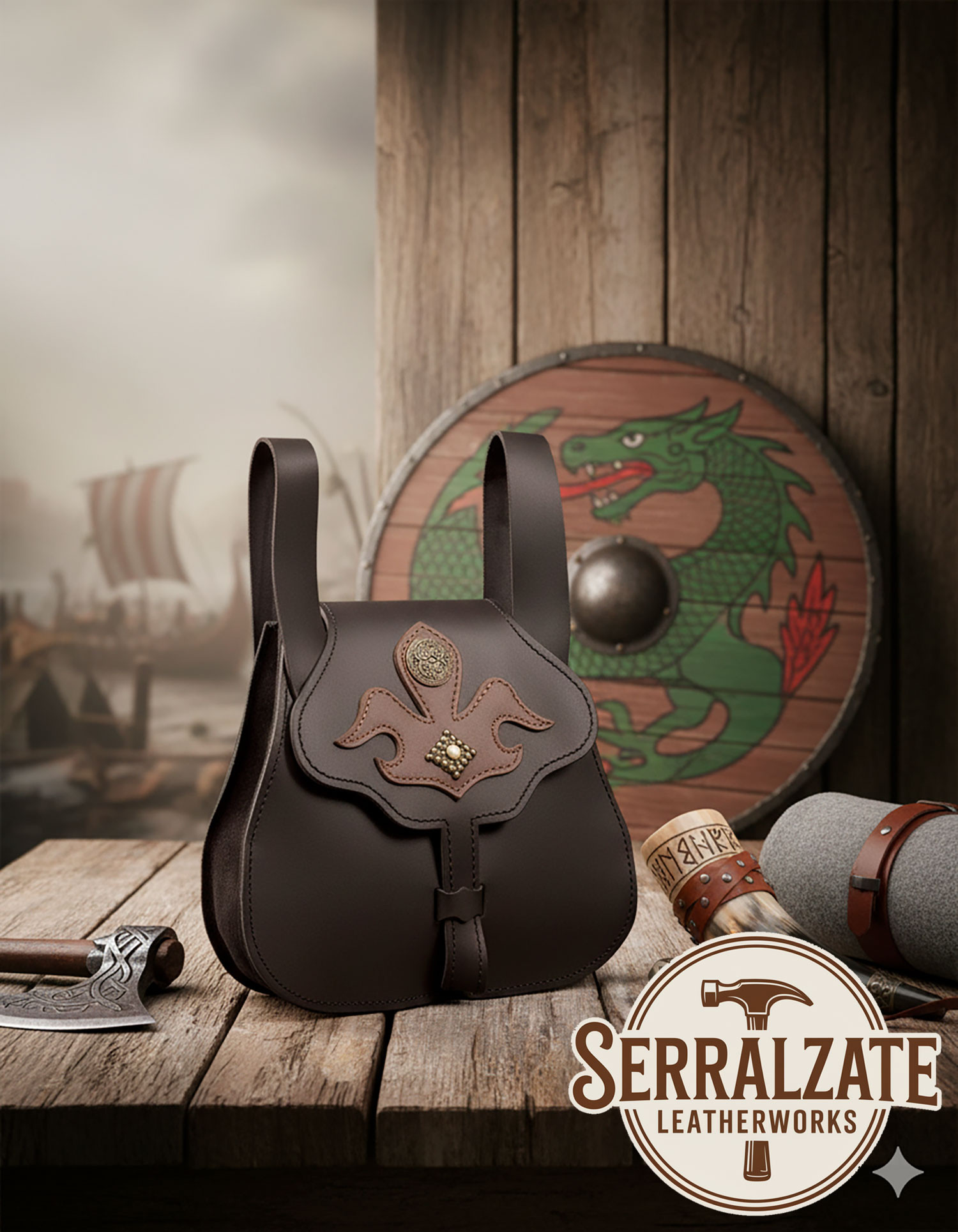 Bolso vikingo en cuero modelo Gunnhild, marrón