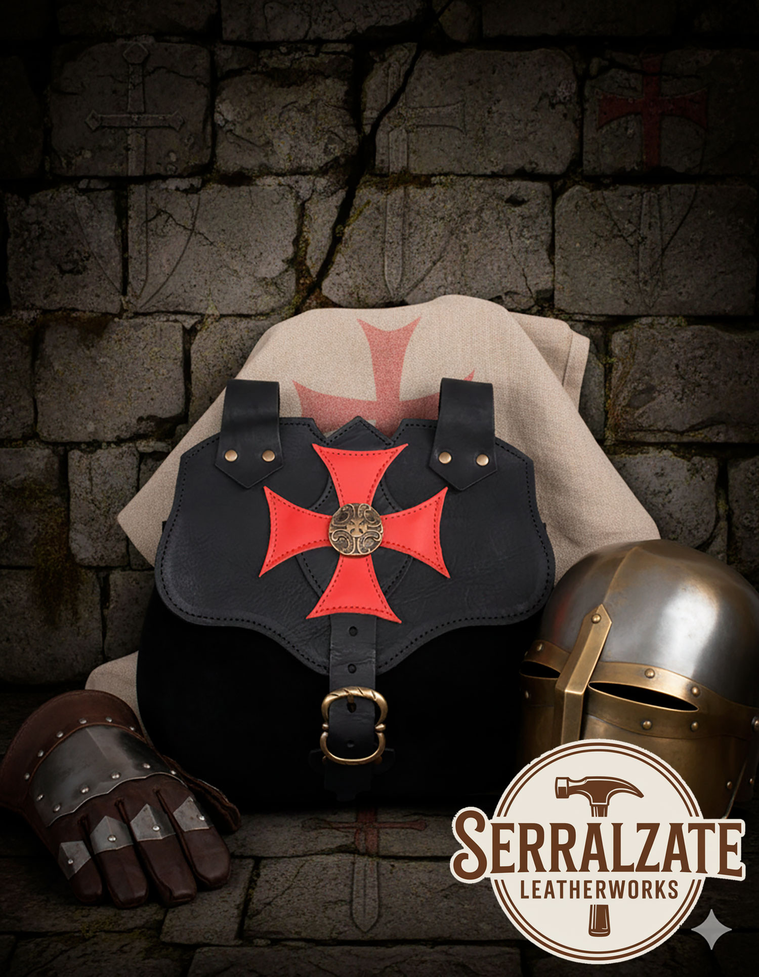 Bolso templario negro cruz paté, para cinturón