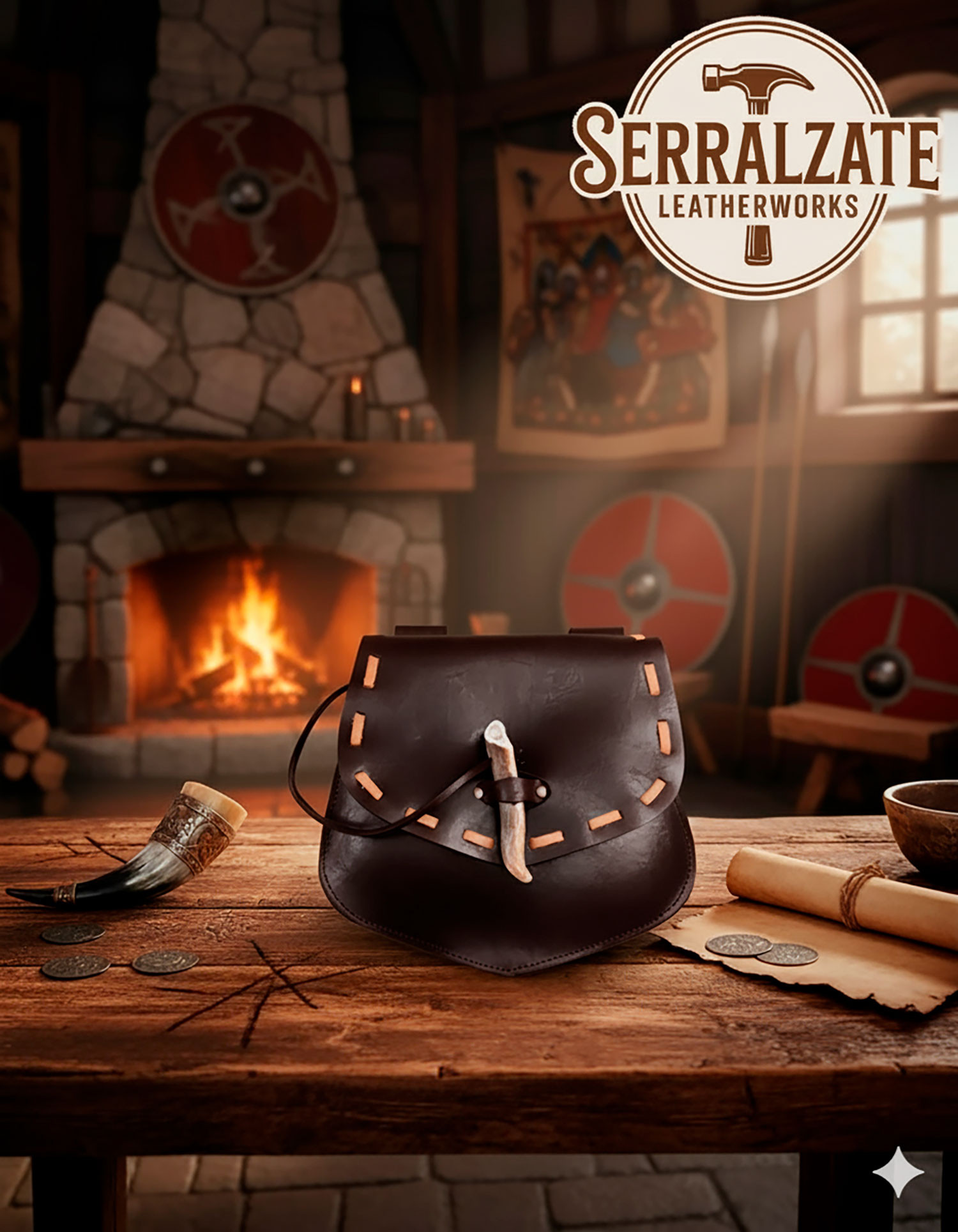 Bolso vikingo cuerno de Gjallarhorn para cinturón, marrón oscuro