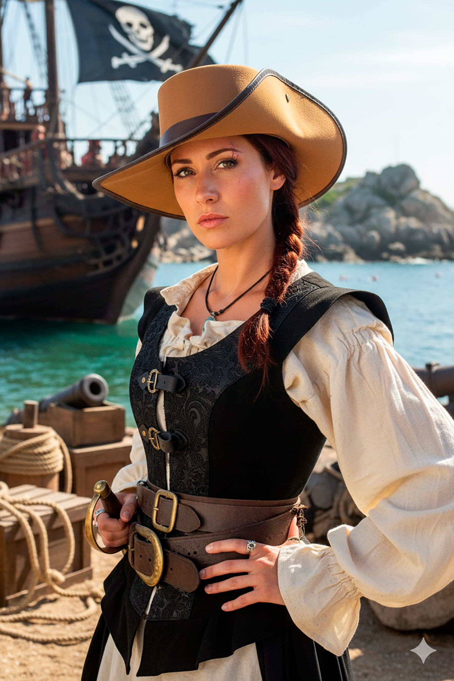 Sombrero Corsario de ala ancha, marrón claro