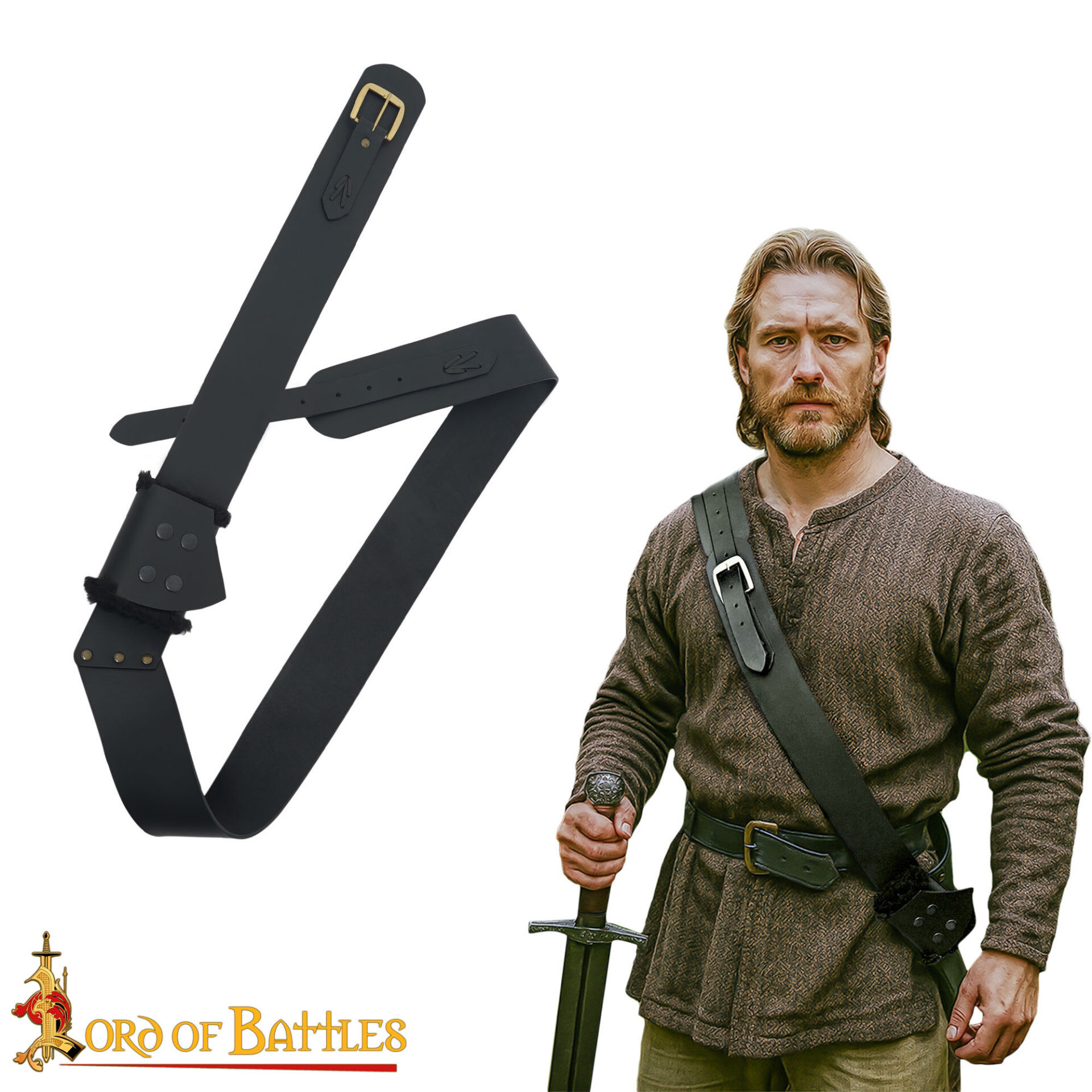 Cinturón con tahali medieval en cuero para espadas, color negro