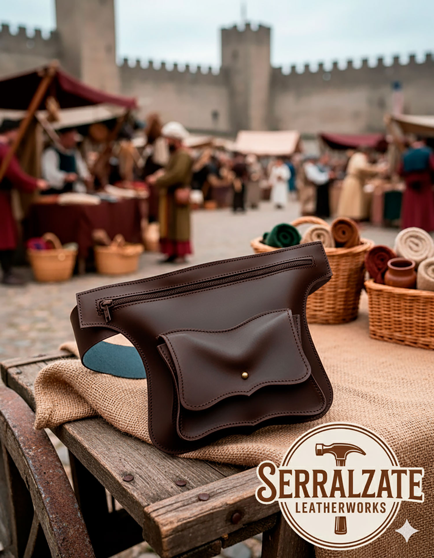 Bolso medieval Vagabundo, tipo riñonera, con cremallera, marrón