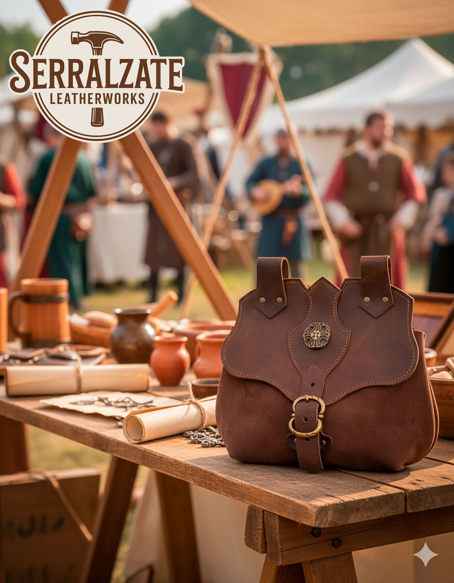 Bolso medieval en cuero modelo Samuel, color marrón