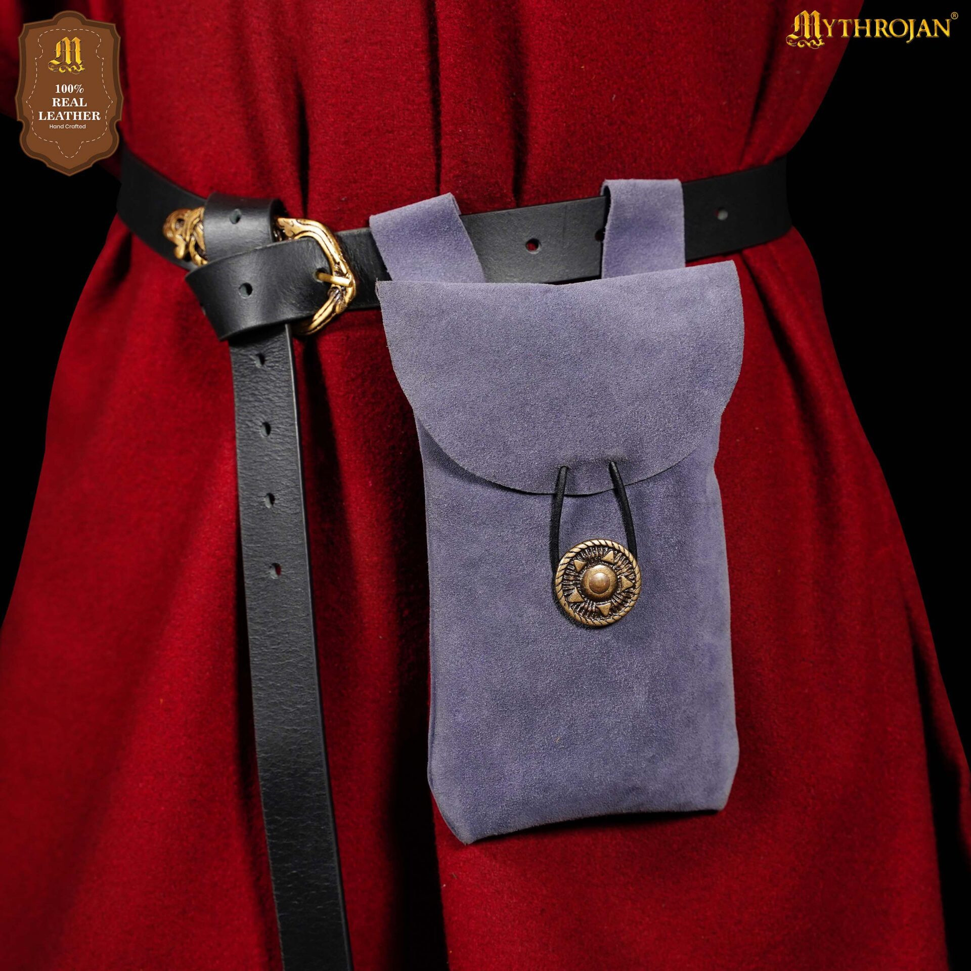 Bolsa limosnera medieval en piel de gamuza cierre botón, color azúl oszuro