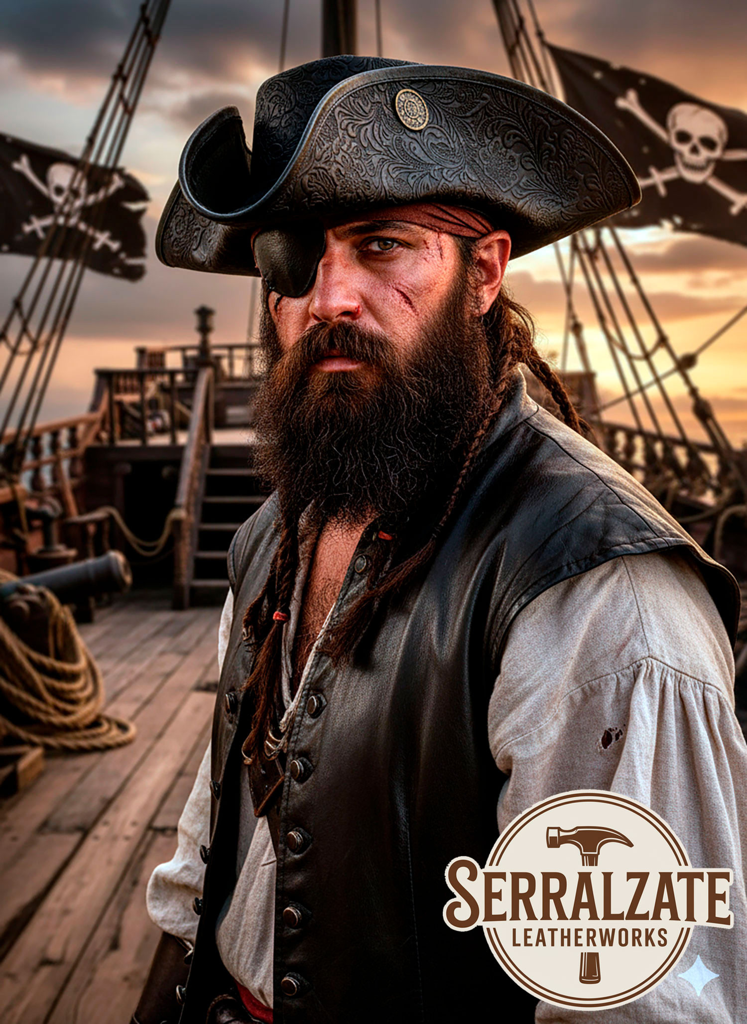 Sombrero Pirata Tricornio de Cuero Deluxe, negro