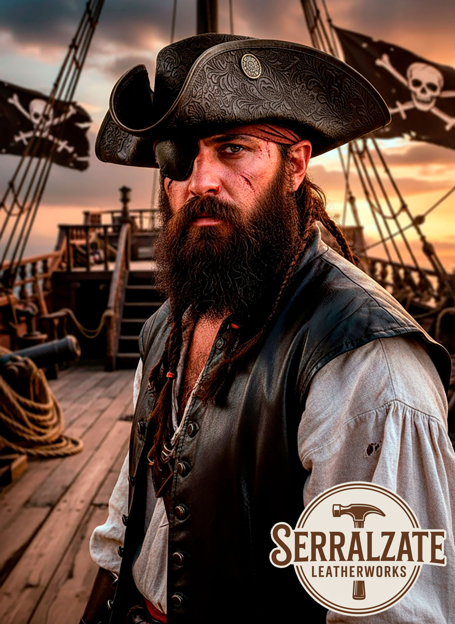 Sombrero Pirata Tricornio de Cuero Deluxe, marrón oscuro