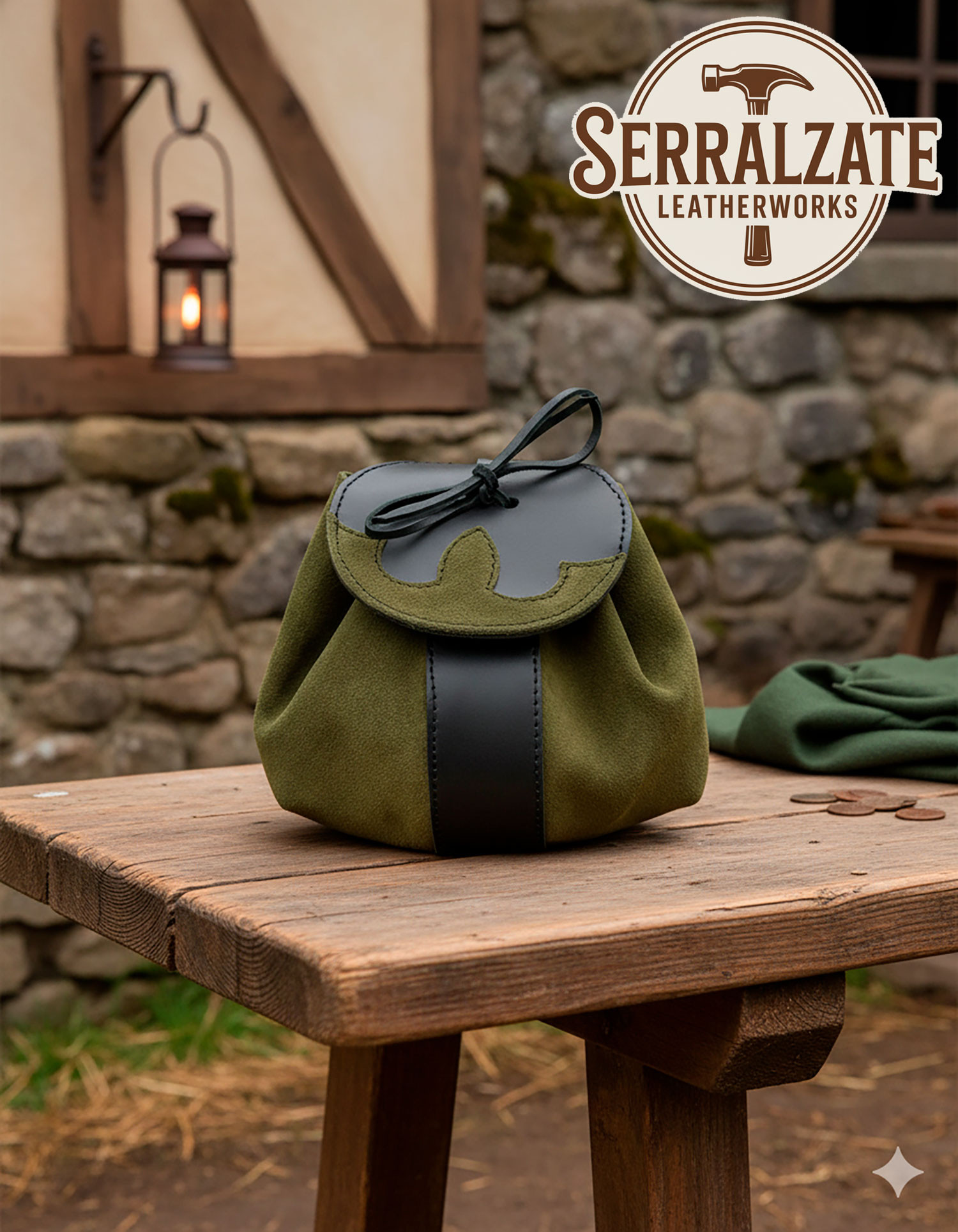 Bolso limosnera medieval cuero modelo Celira, color verde