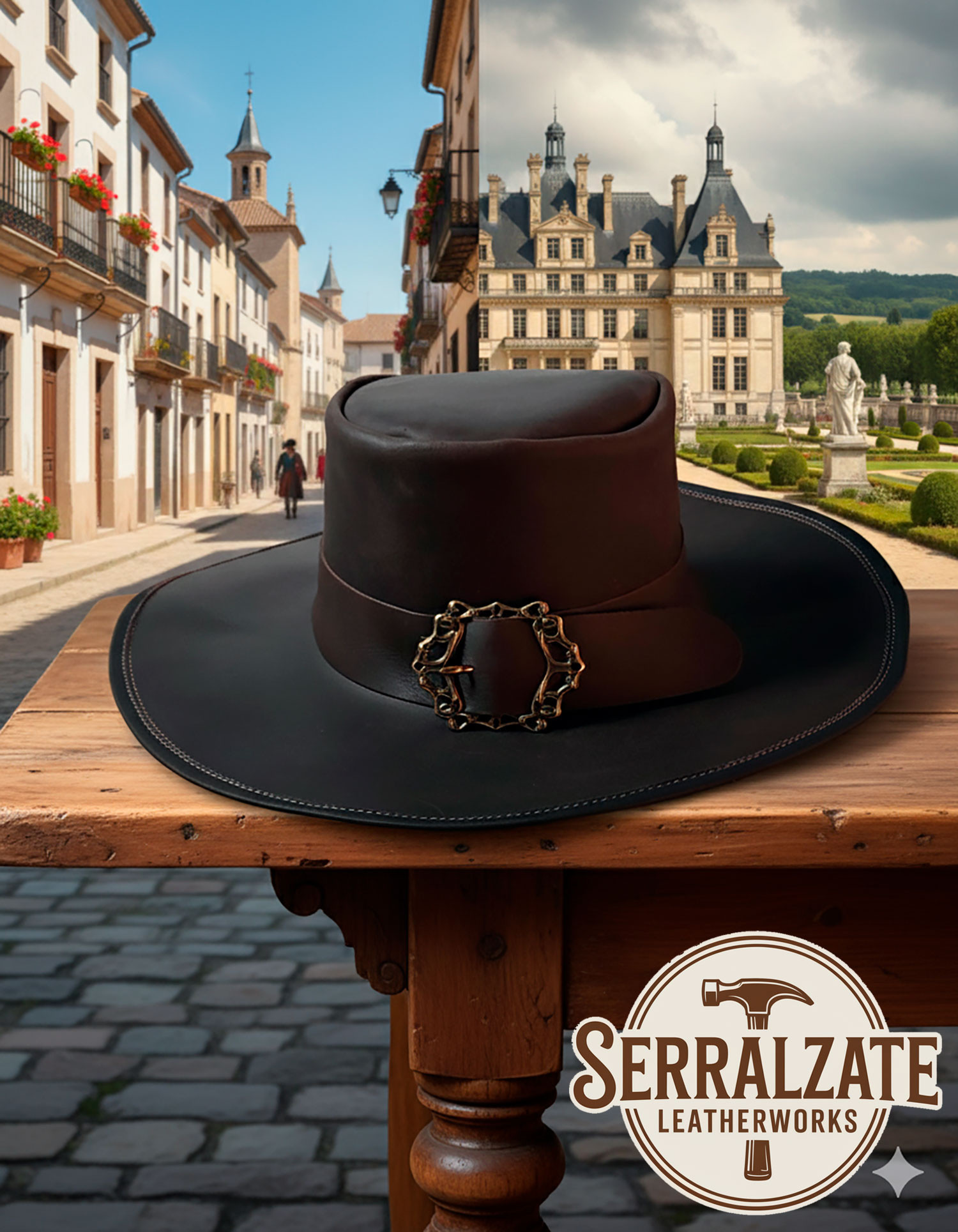 Sombrero medieval en cuero modelo Hidalgo, color marrón