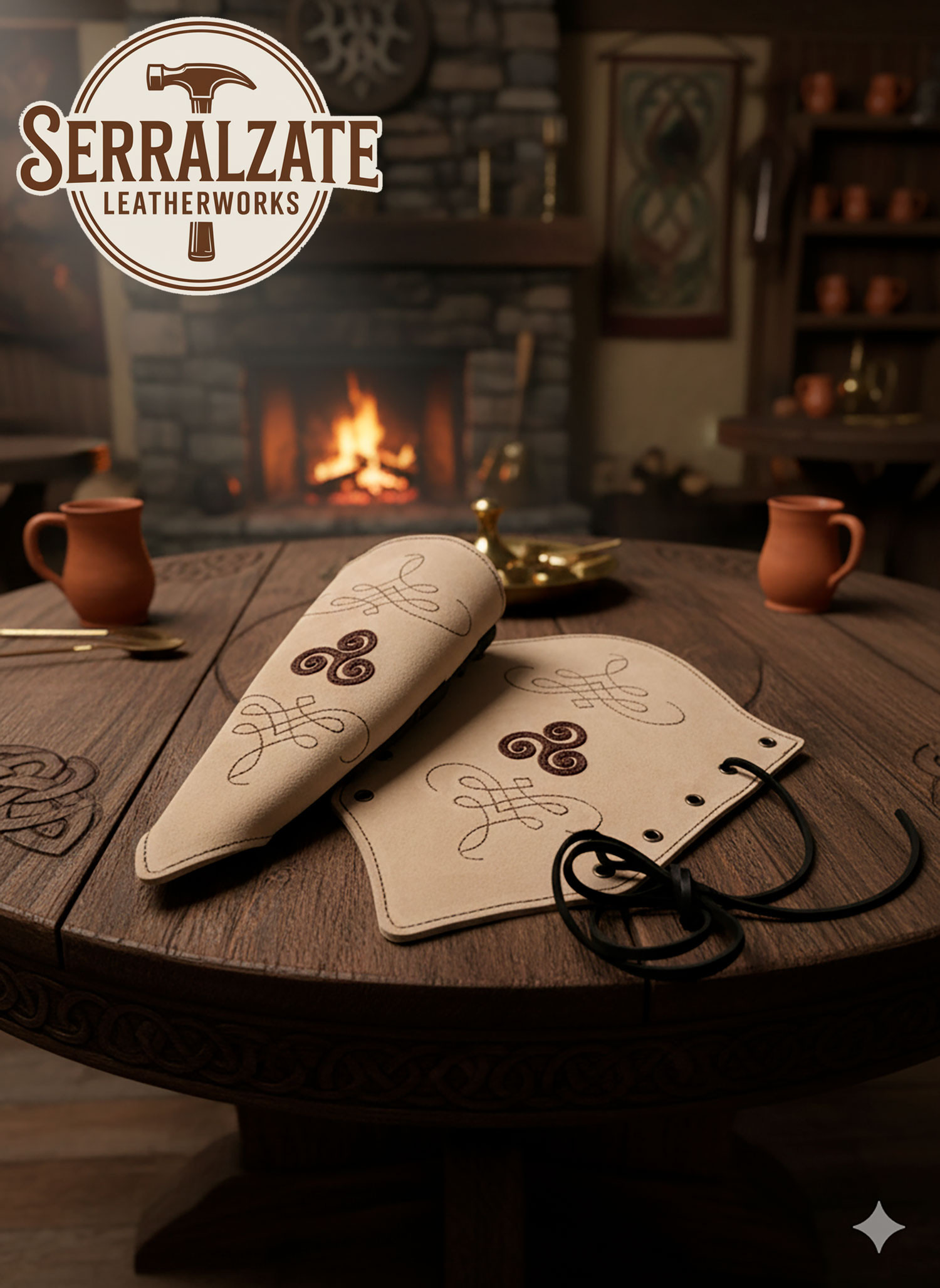 Brazaletes arquero cuero serraje marrón claro, modelo Nyara