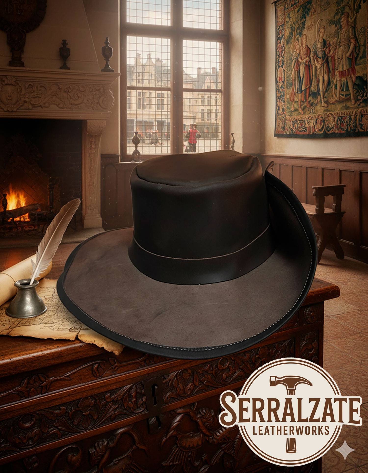 Sombrero medieval en cuero modelo Flandes, color marrón