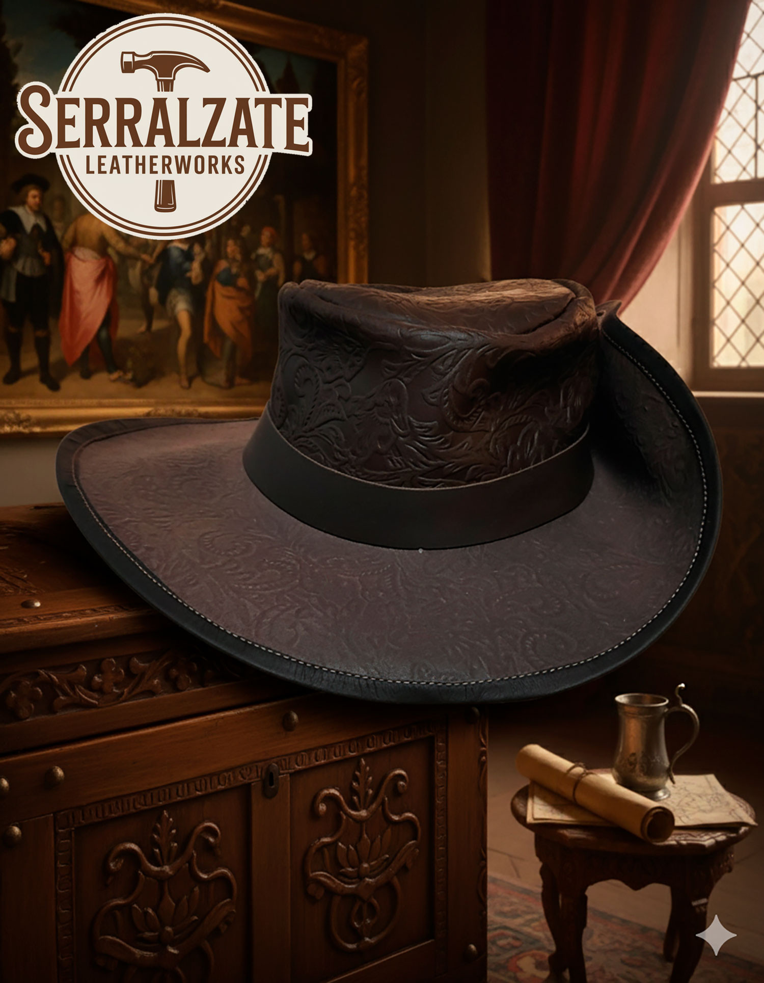 Sombrero medieval en cuero Deluxe modelo Flandes, color marrón