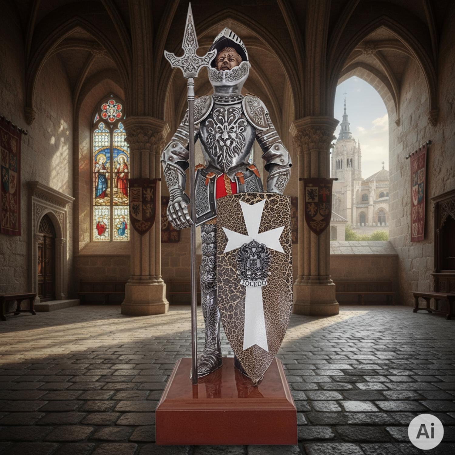 Miniatura Armadura Medieval con lanza y escudo, 50 cms.