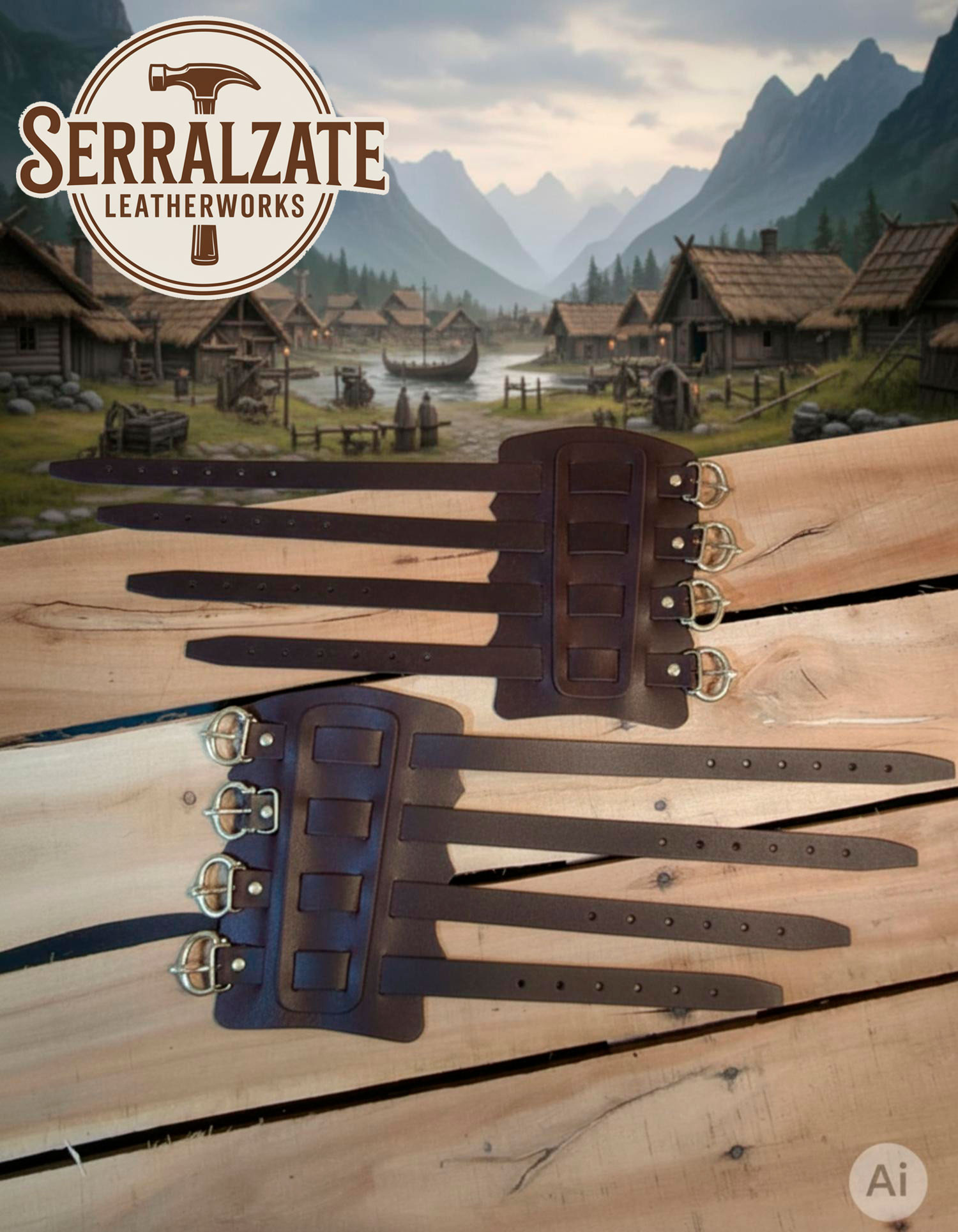Brazaletes vikingos Gunnar en piel marrón oscura