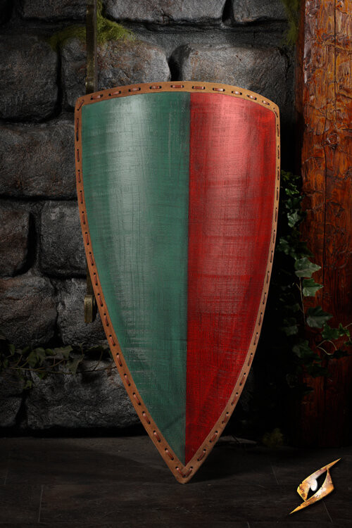 Escudo medieval bicolor para LARP modelo Heater, verde-rojo