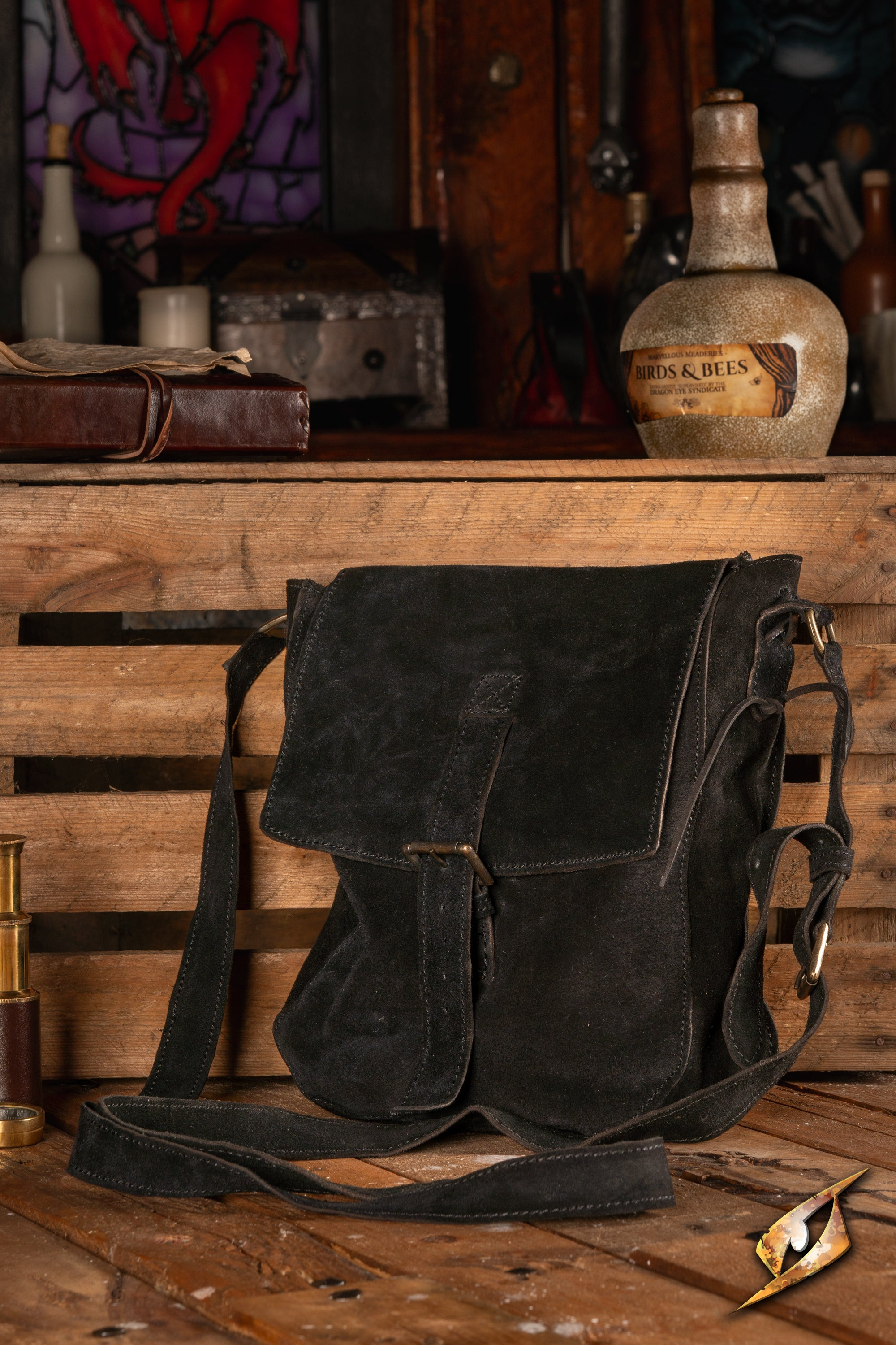 Bolso bandolera medieval piel de gamuza, color negro