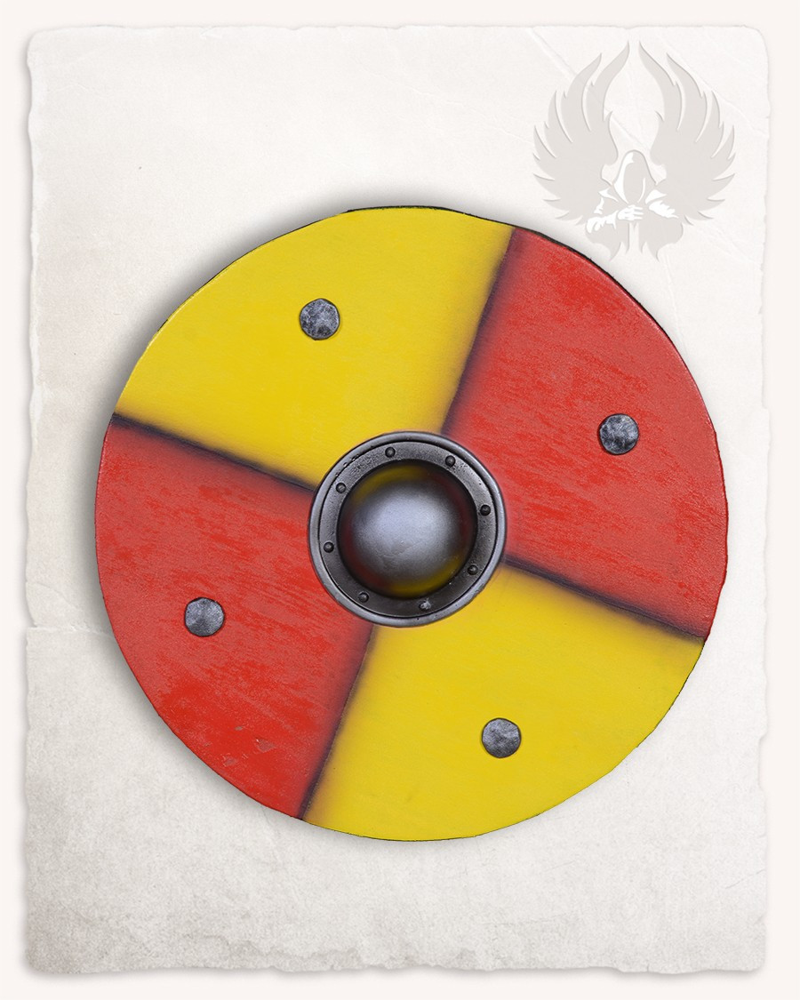 Escudo vikingo redondo para LARP modelo Rorrik, amarillo-rojo