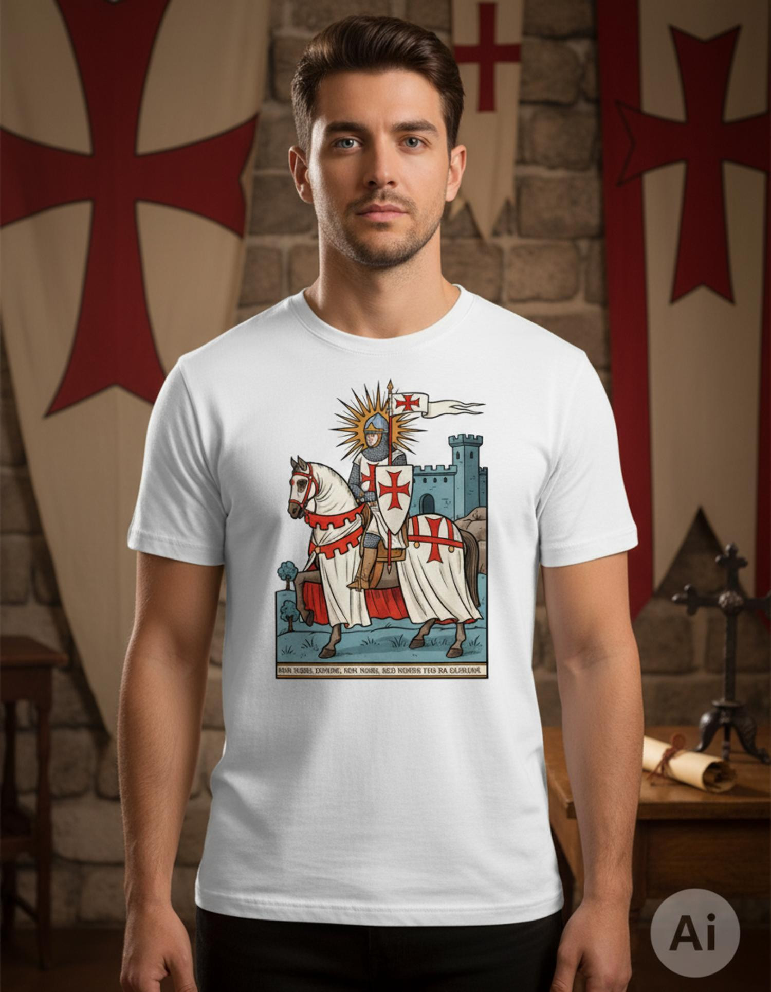 Camiseta blanca de hombre con temática Templaria