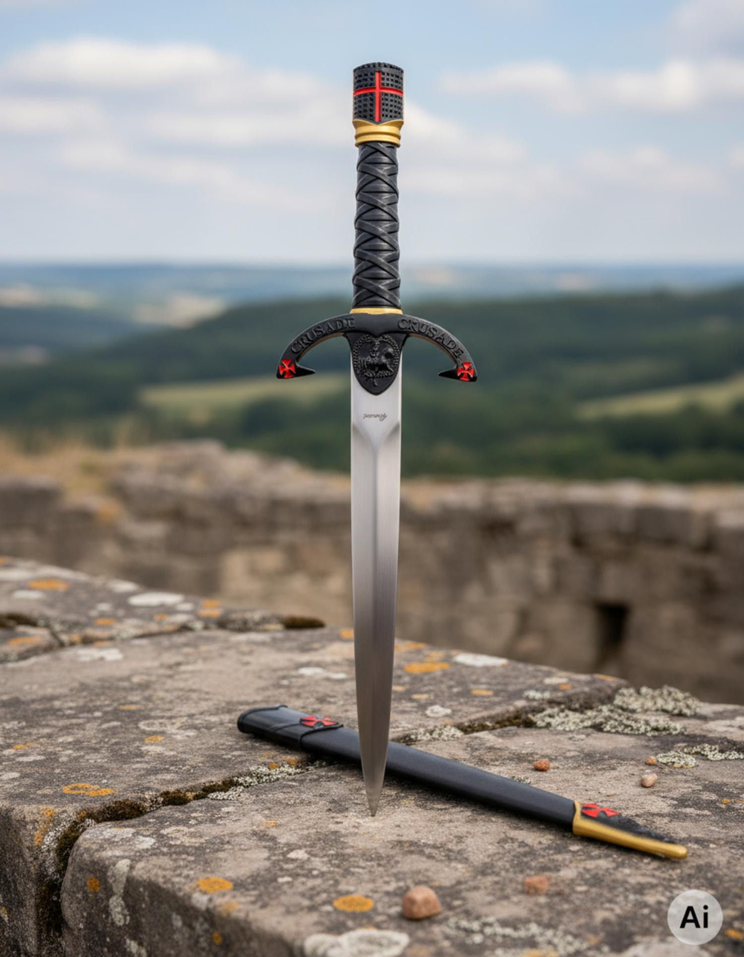 Daga Templaria pomo casco guerrero, acabado negro