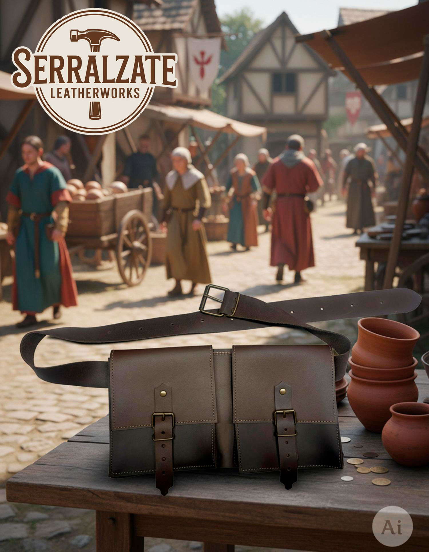 Bolso de cinturón medieval DuoPouch en cuero marrón