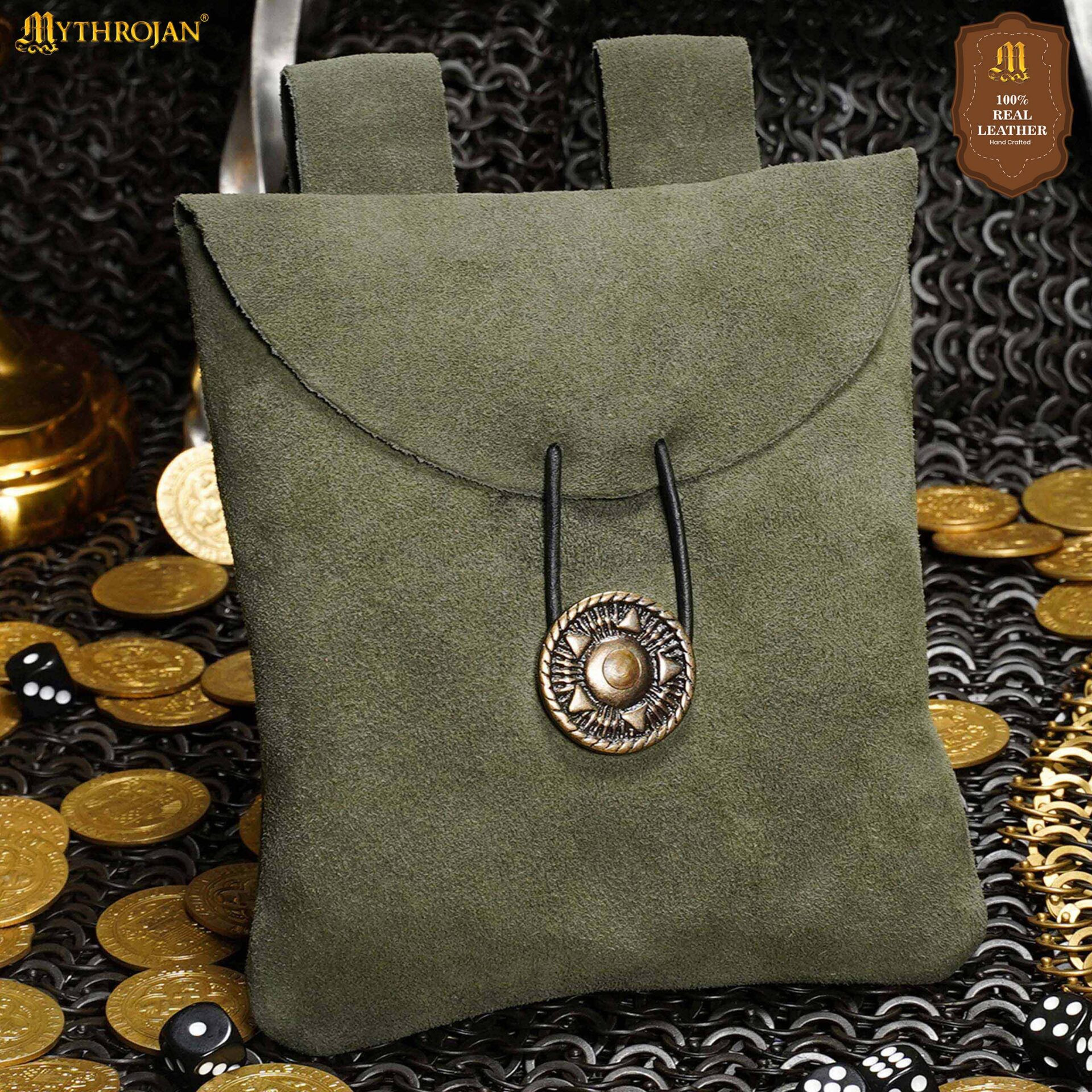 Bolso riñonera medieval piel de gamuza, color verde oscuro