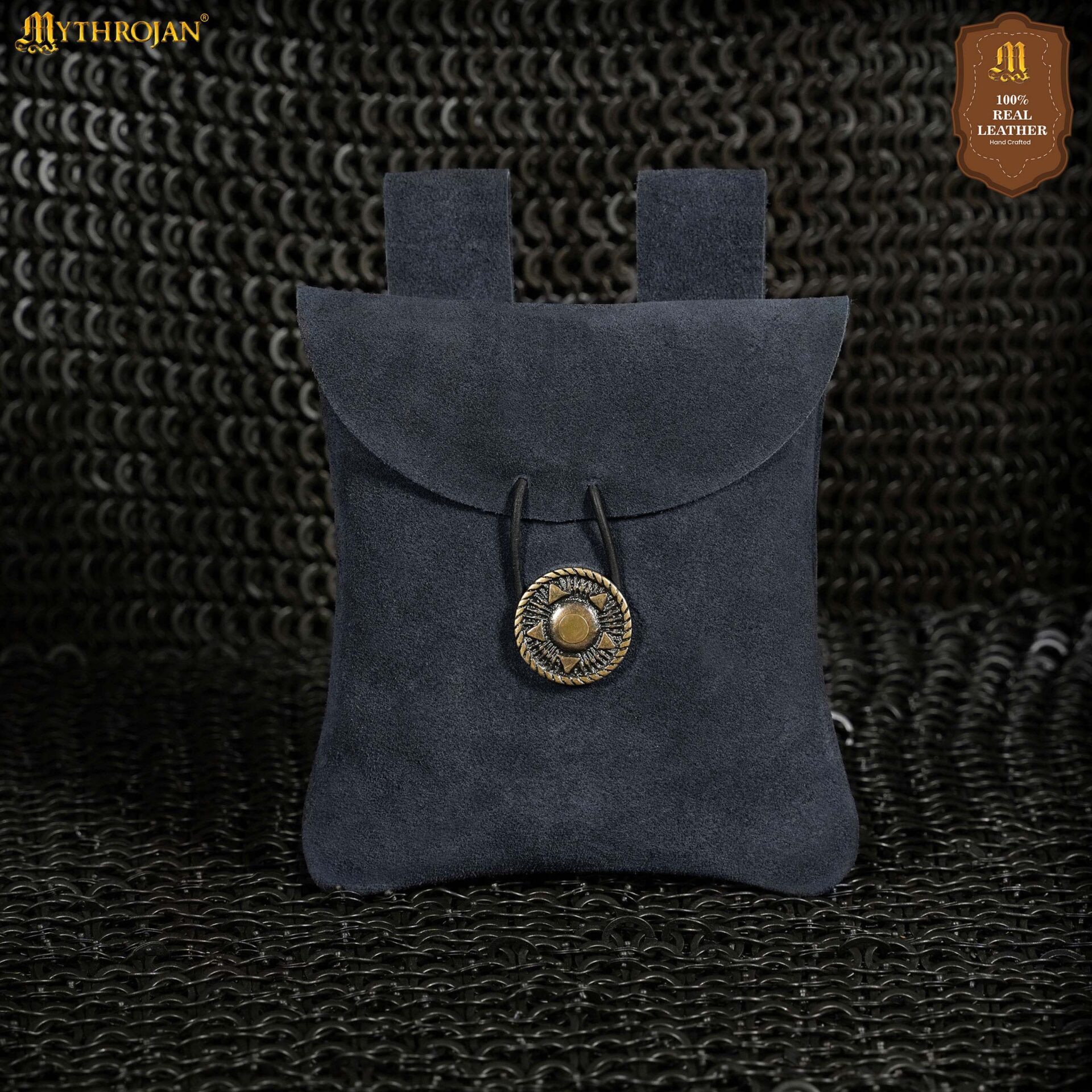 Bolso riñonera medieval piel de gamuza, color azul oscuro