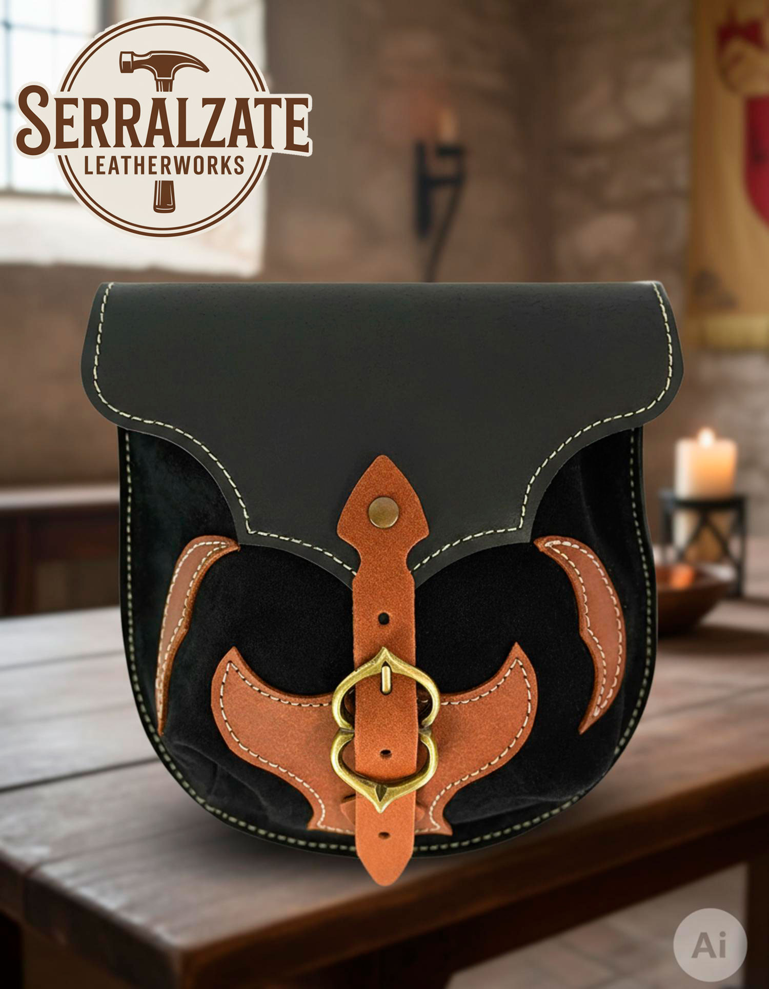 Bolso medieval en cuero negro apliques marrónes para cinturones
