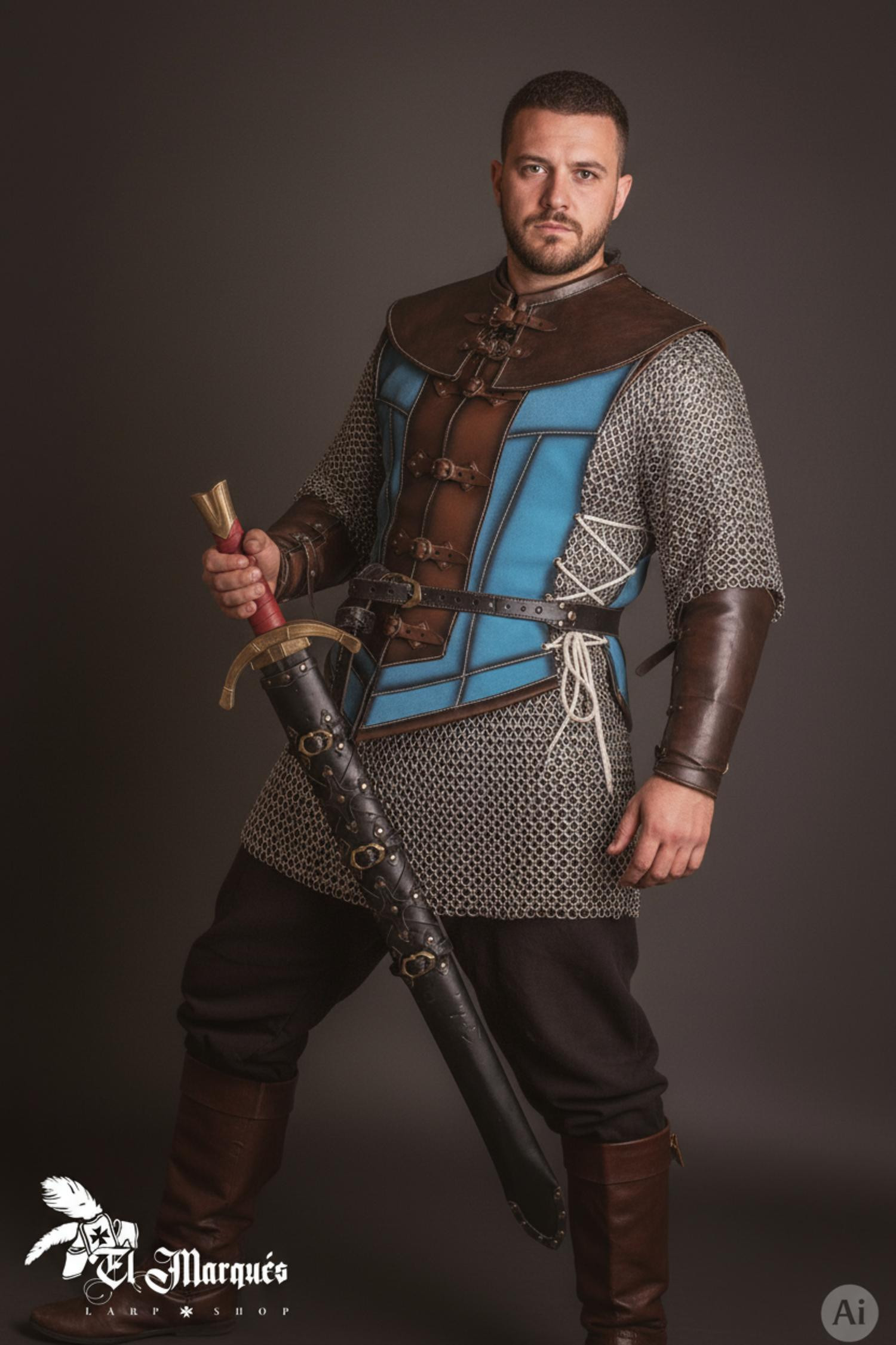 Cuera medieval corta para hombre, serraje azul