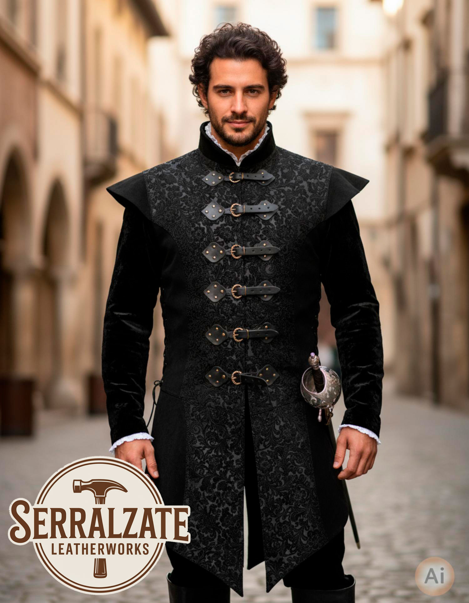 Chaleco largo Renacentista en auténtico cuero negro