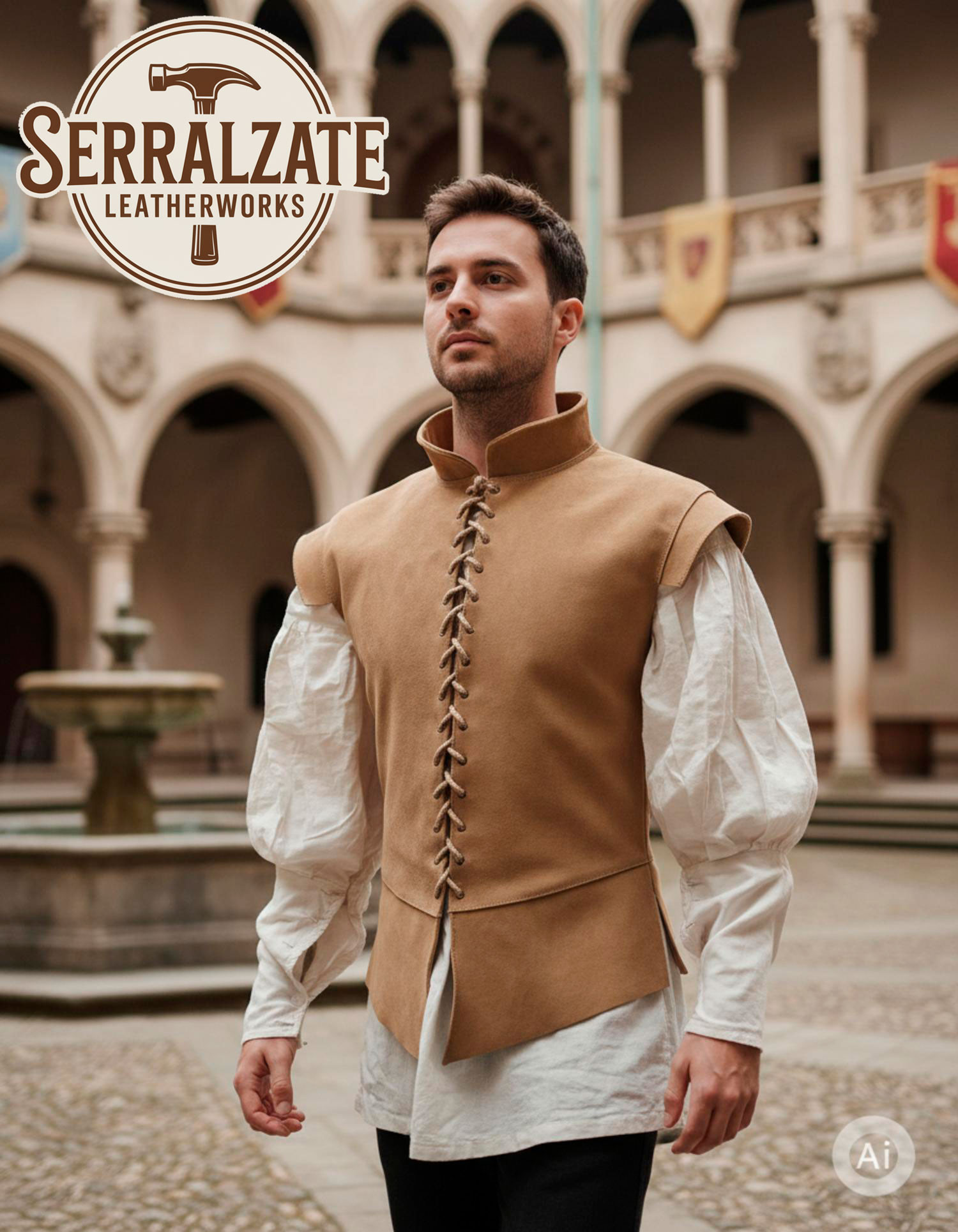 Jubón medieval y renacentista en piel de ante marrón claro