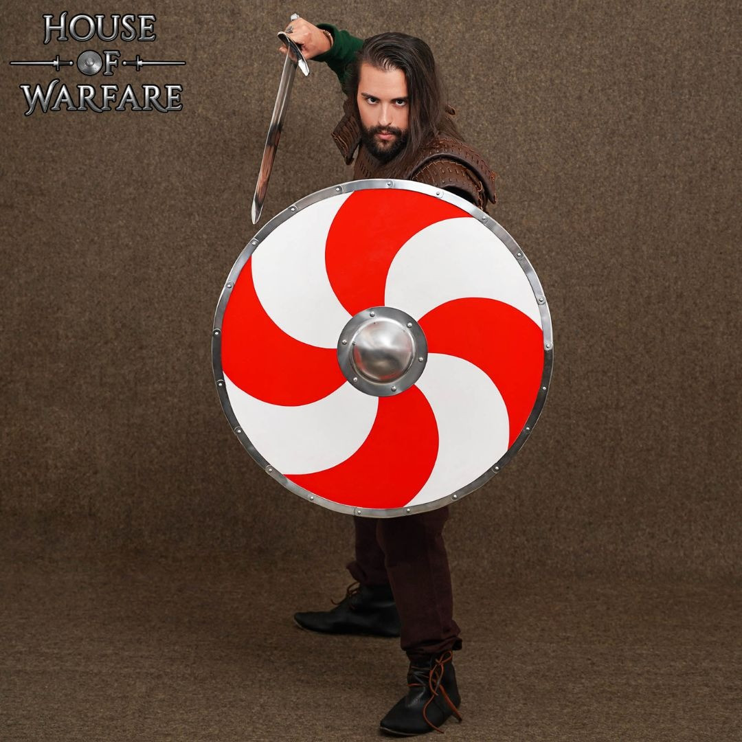 Escudo medieval de guerrero vikingo, rojo-blanco