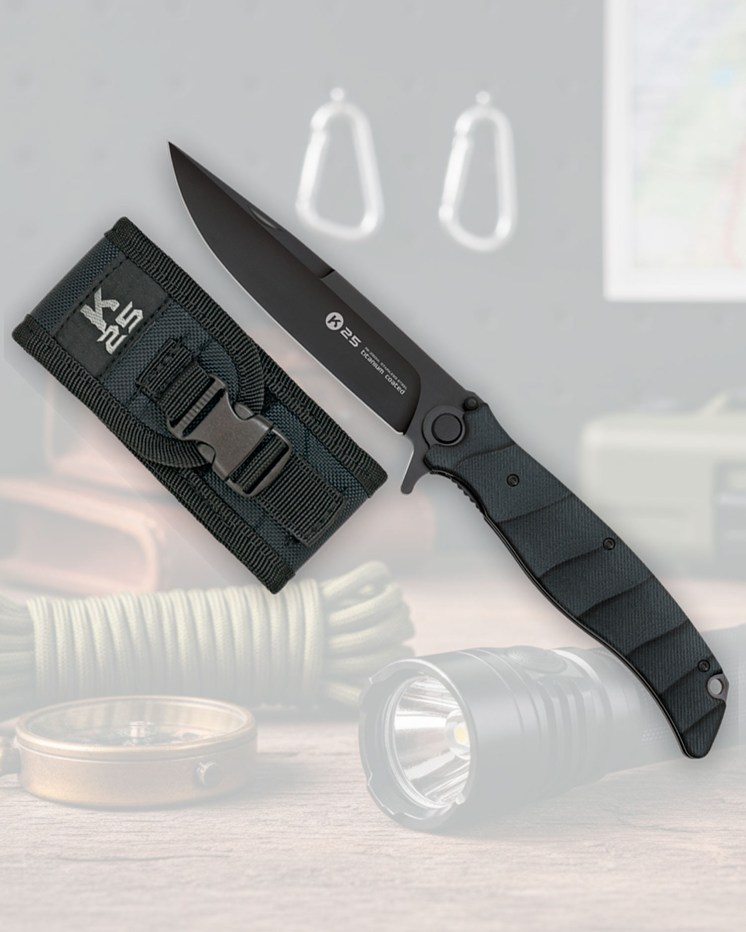 Navaja táctica K25 acabado titanio negro (26 cm.)