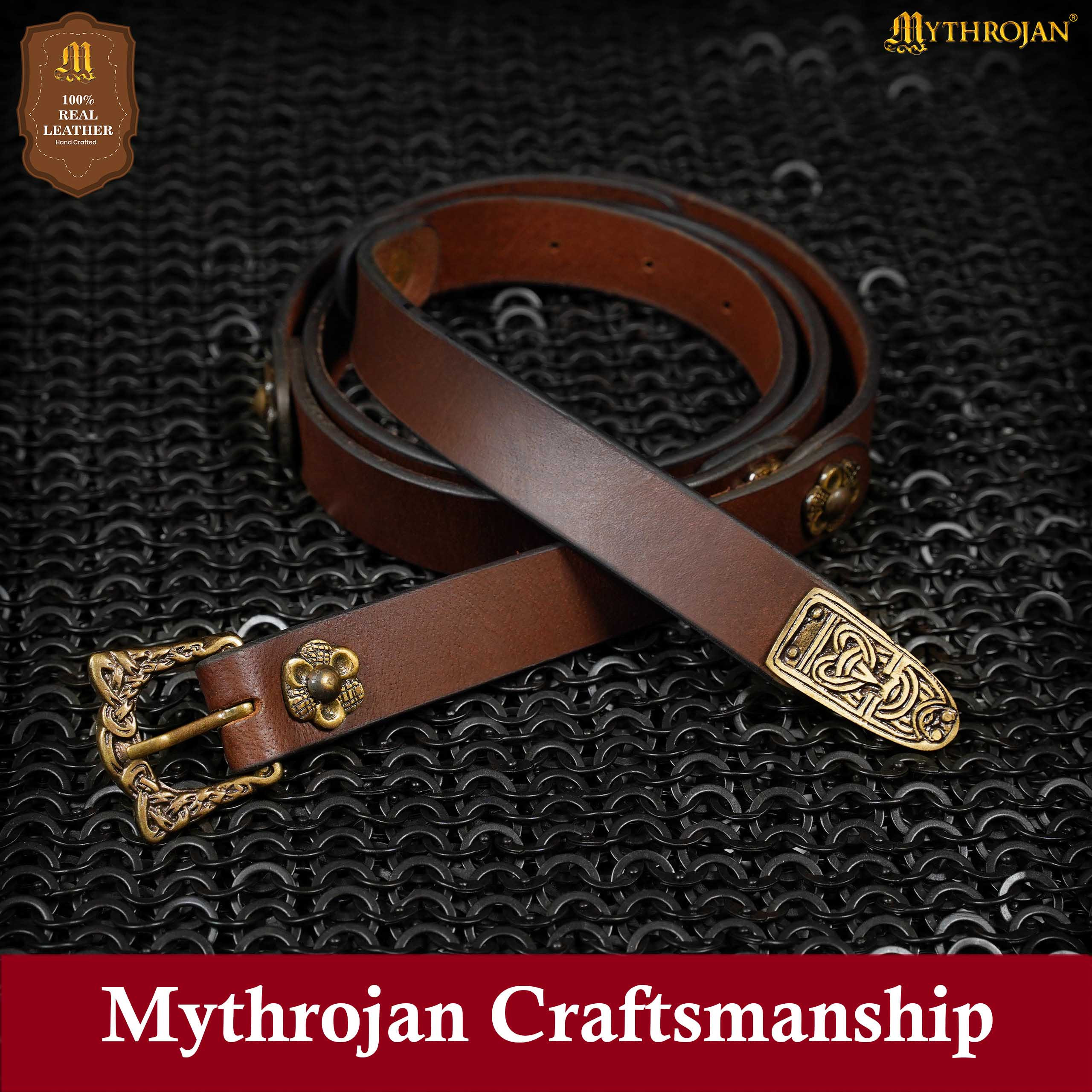 Cinturón vikingo en cuero marrón, hebilla adornos en latón