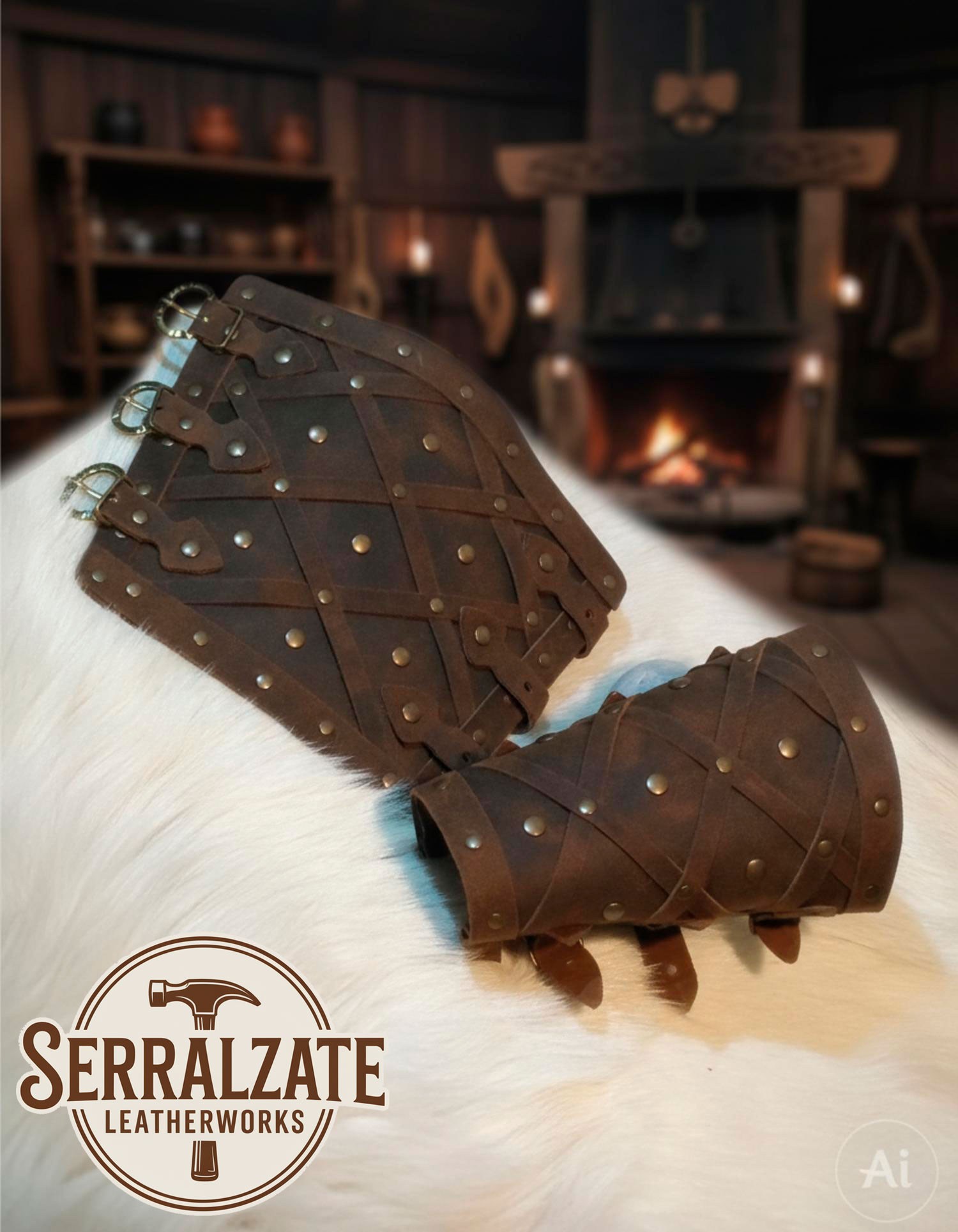 Brazaletes Vikingos Cuero Genuino Rombos, Marrones