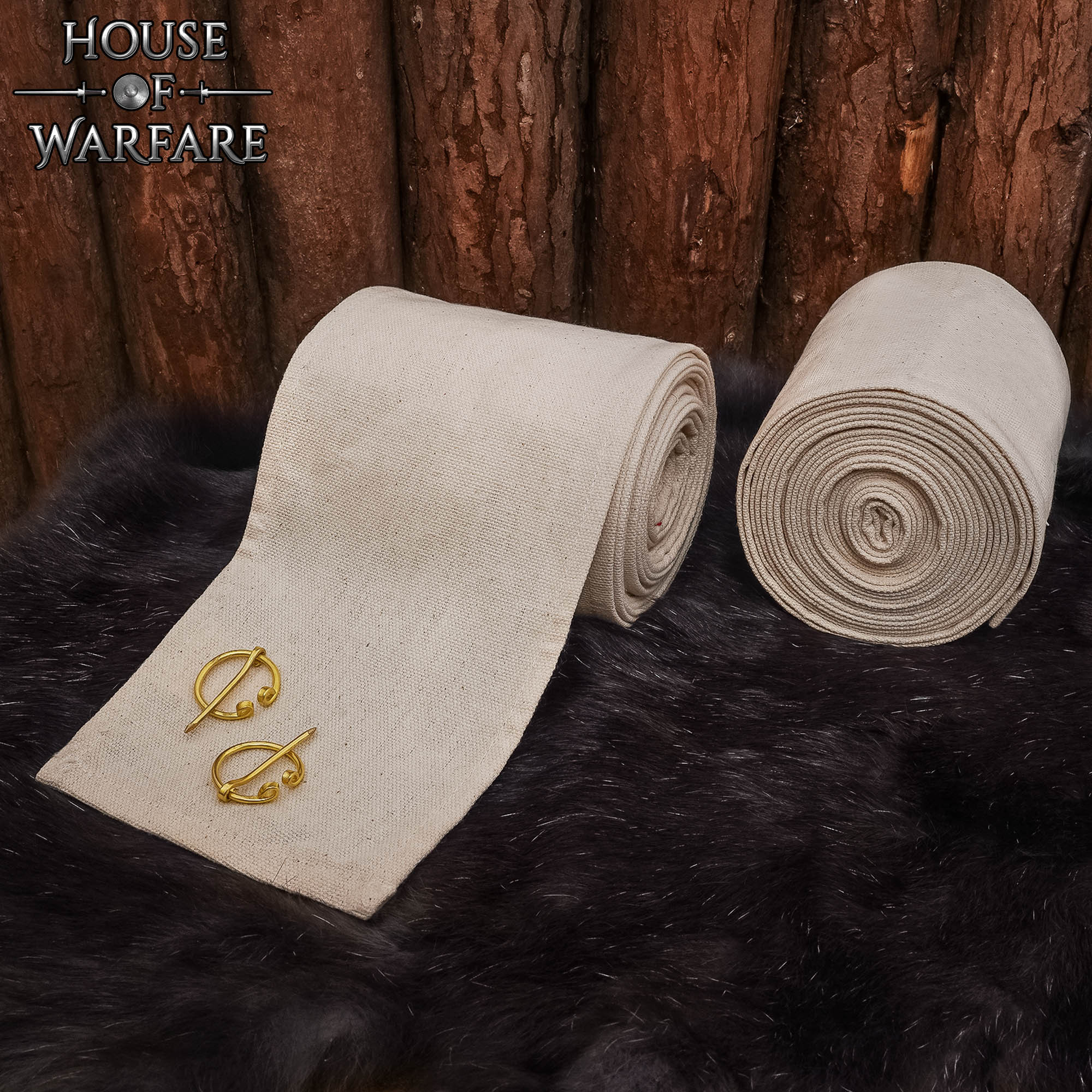 Winingas medievales en algodón blanco natural, con fibulas de latón