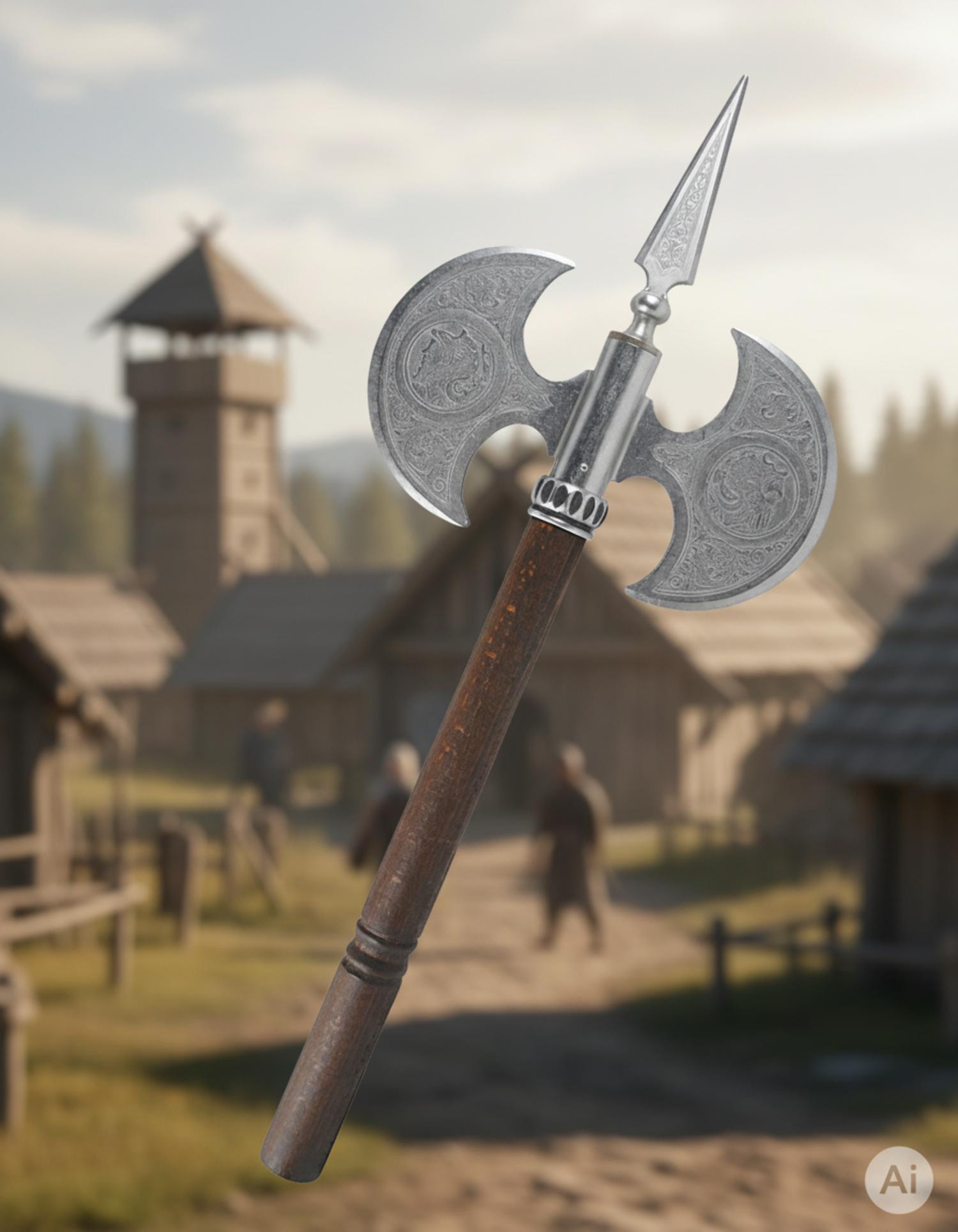 Hacha rústica doble pala grabada, 61 cms.