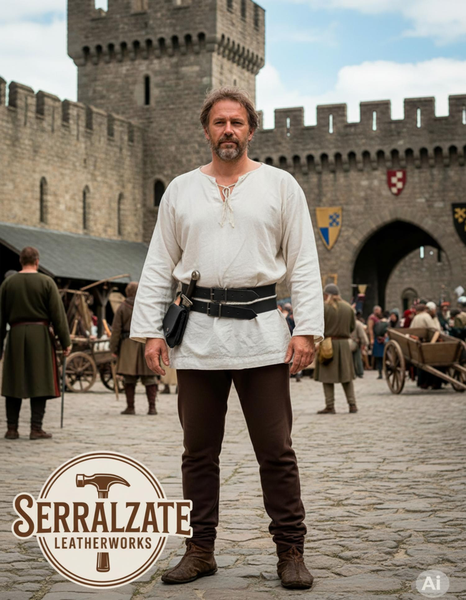 Cinturón medieval doble desmontable en cuero, negro