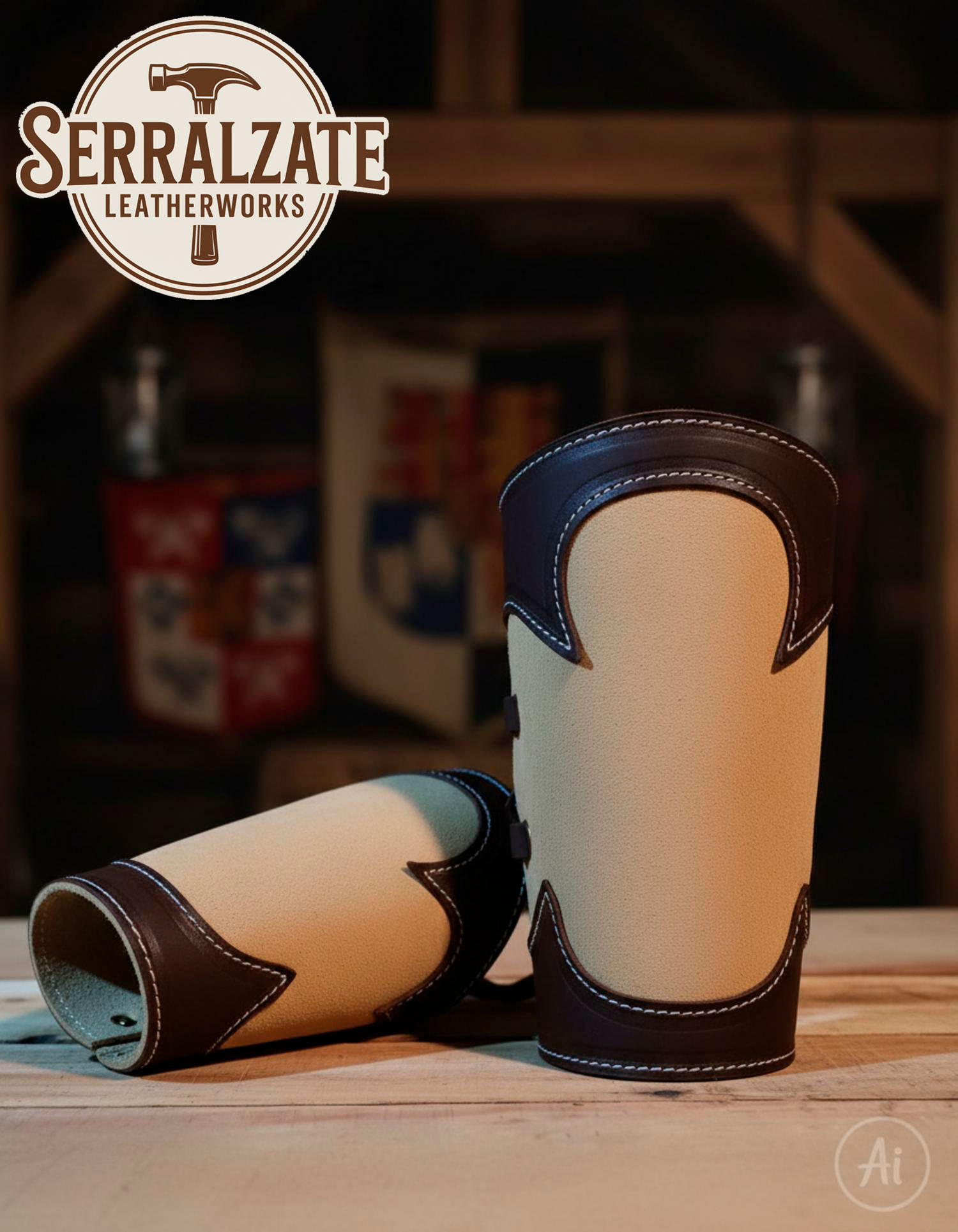 Brazaletes medievales guardabosques en piel, marrón claro