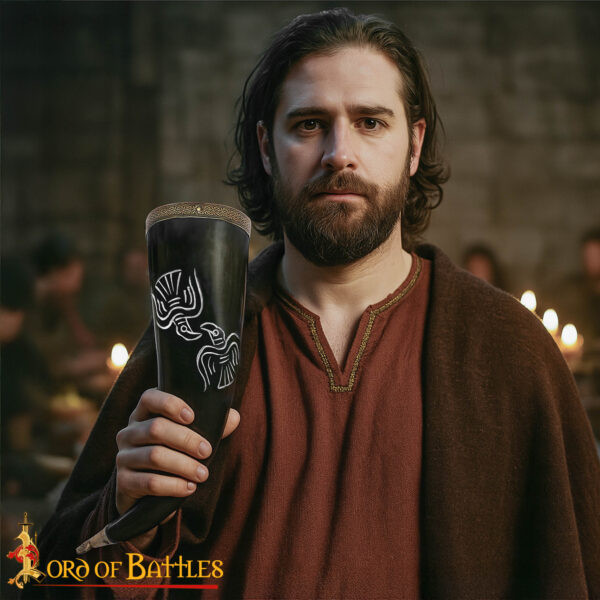 Cuerno Vikingo Grabado de Buey con Ave Nórdica