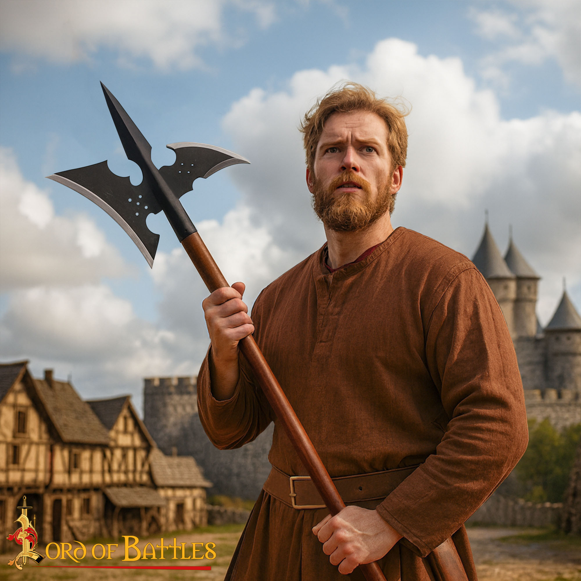 Alabarda de guerra medieval forjada, madera maciza