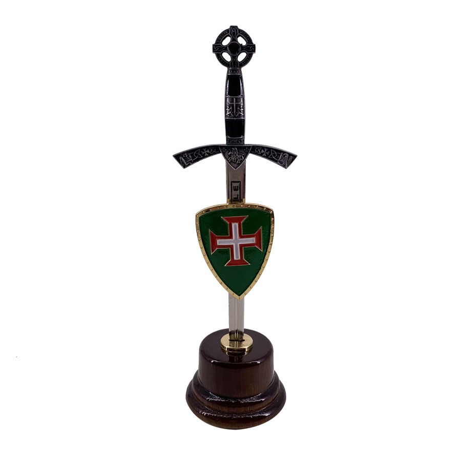 Miniespada con miniescudo y peana de Caballeros de Cristo
