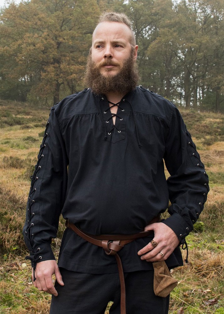 Camisa medieval negra con lazos modelo Corvin
