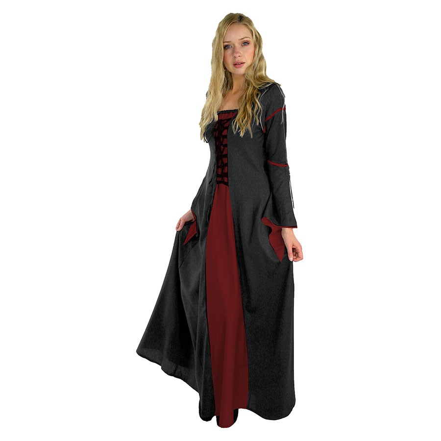 Vestido medieval mangas trompeta modelo Berblin, Rojo-Negro