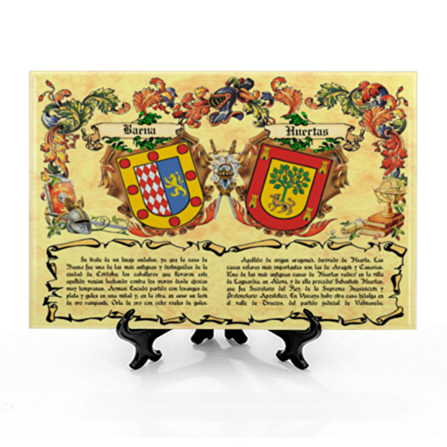 Azulejo Escudos Heráldicos de 2 Apellidos con leyenda (30x20 cm.)