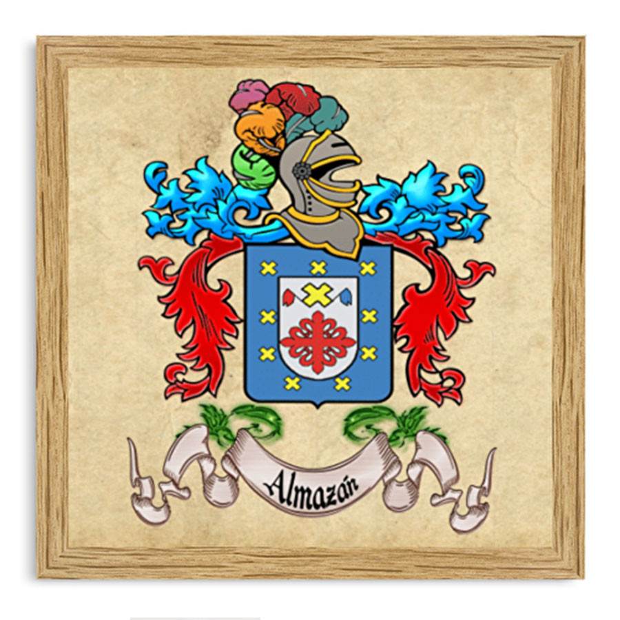 Cuadro escudo heráldico con 1 apellido enmarcado en madera (30x30 cms.)