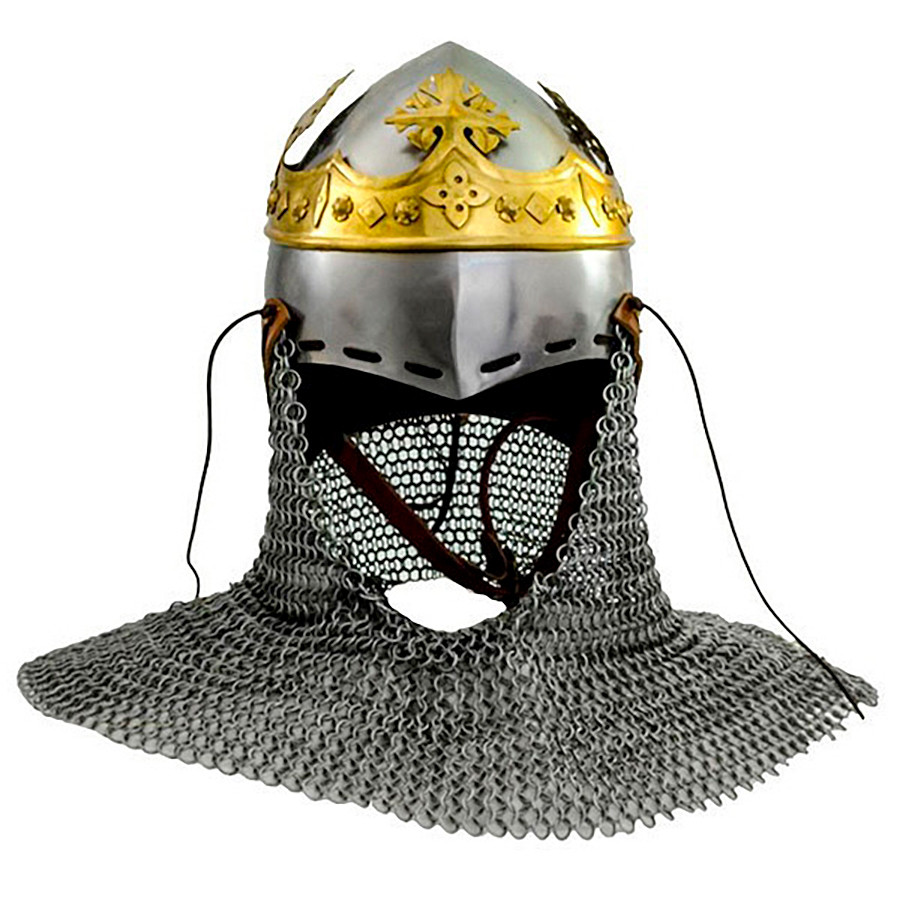 Bacinete medieval Robert The Bruce con cota de malla y corona de Rey, siglo XIV