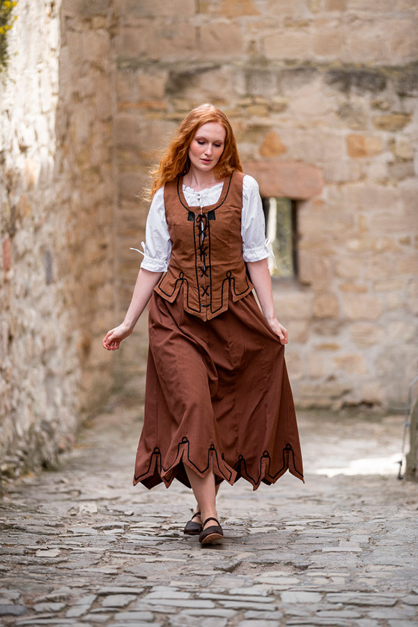Falda medieval con bordados modelo Svenja, marrón tabaco